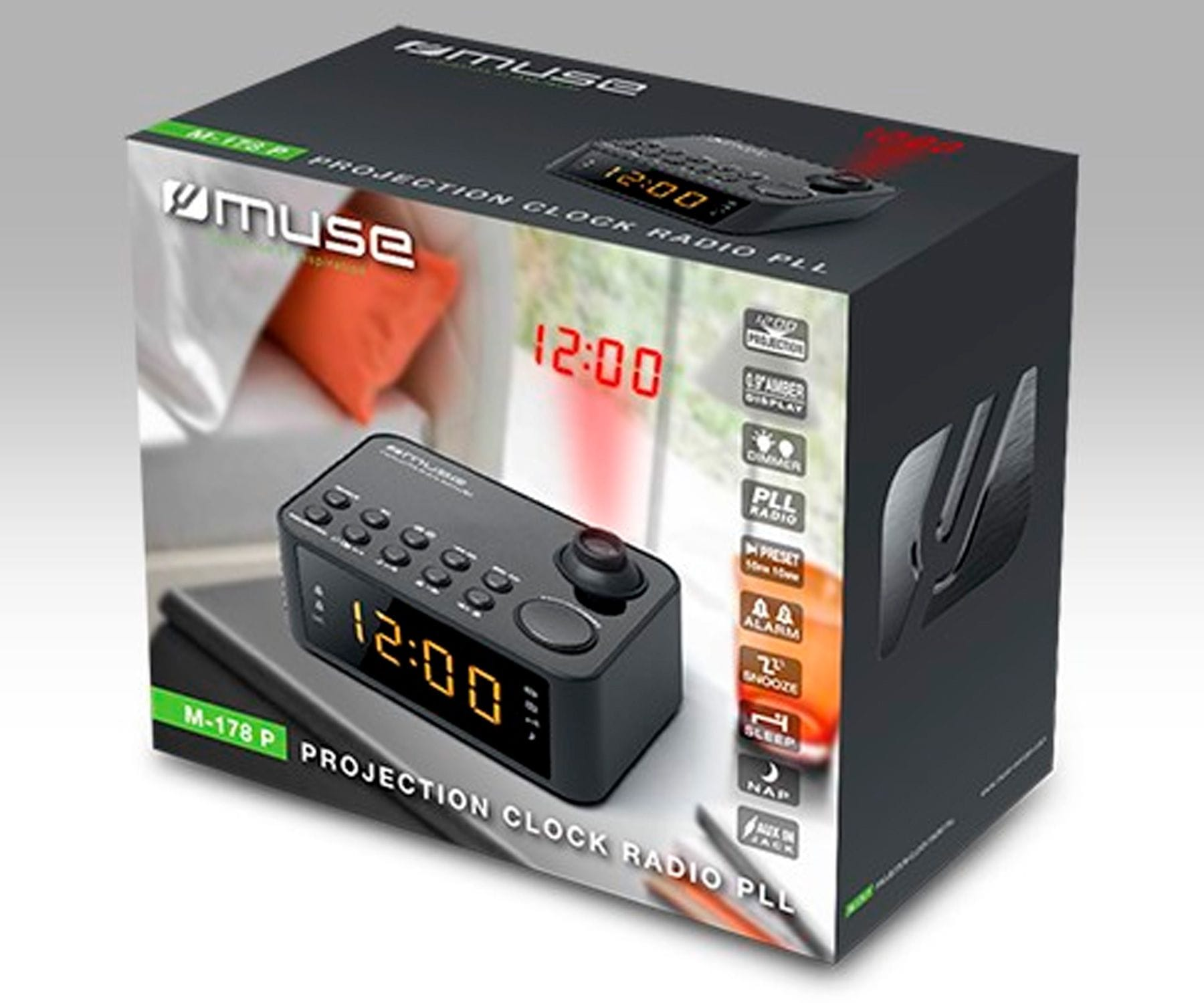 Czarny radiobudzik w pudełku, z tekstem na pudełku. Białe tło.