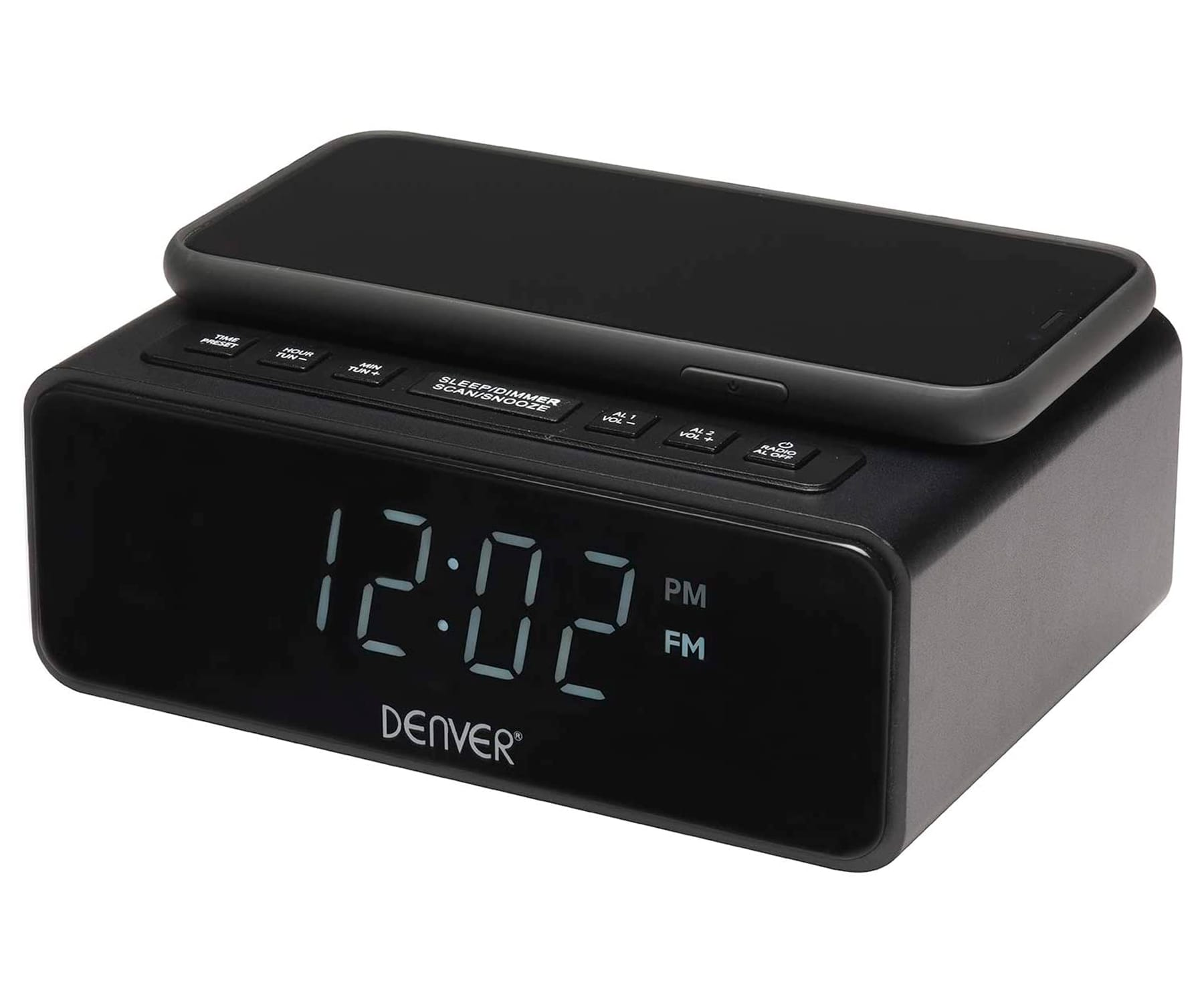 Czarny cyfrowy radiobudzik z telefonem na górze. Wyświetla godzinę i ma przyciski.