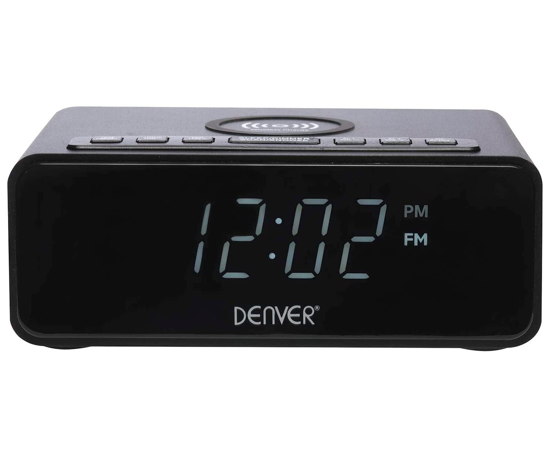Czarny cyfrowy budzik wyświetlający 12:02 PM. Na górze ma bezprzewodową podkładkę ładującą.