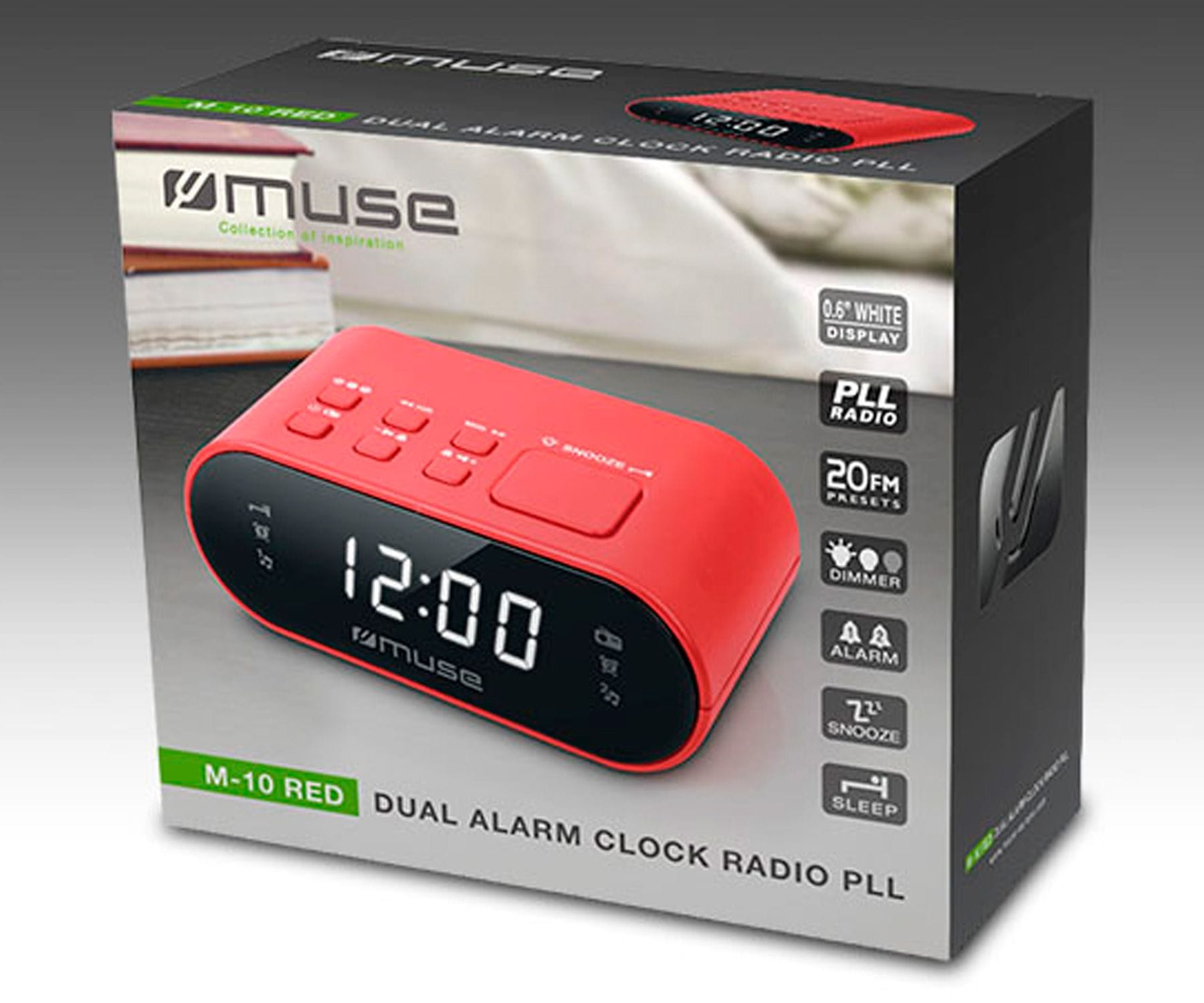 Un reloj despertador digital rojo con una caja blanca. El reloj muestra la hora 12:00 con varios botones y funciones en la caja.