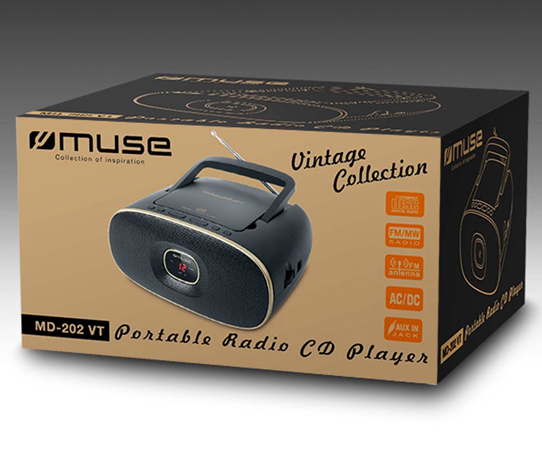 Scatola con una radio in stile vintage, un lettore CD e il marchio Muse.