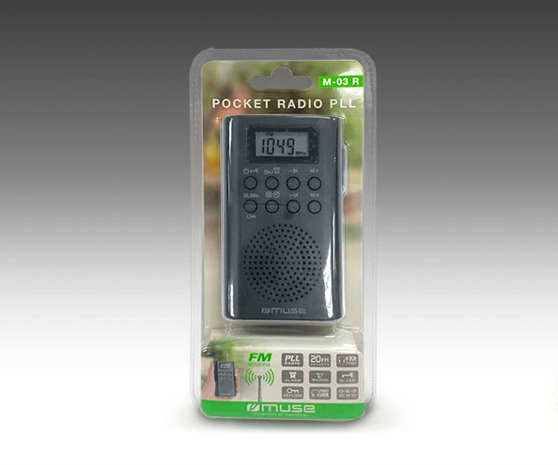 Radio kieszonkowe w opakowaniu, czarne i szare. Przezroczysta plastikowa osłona. Wyświetlacz z cyframi.