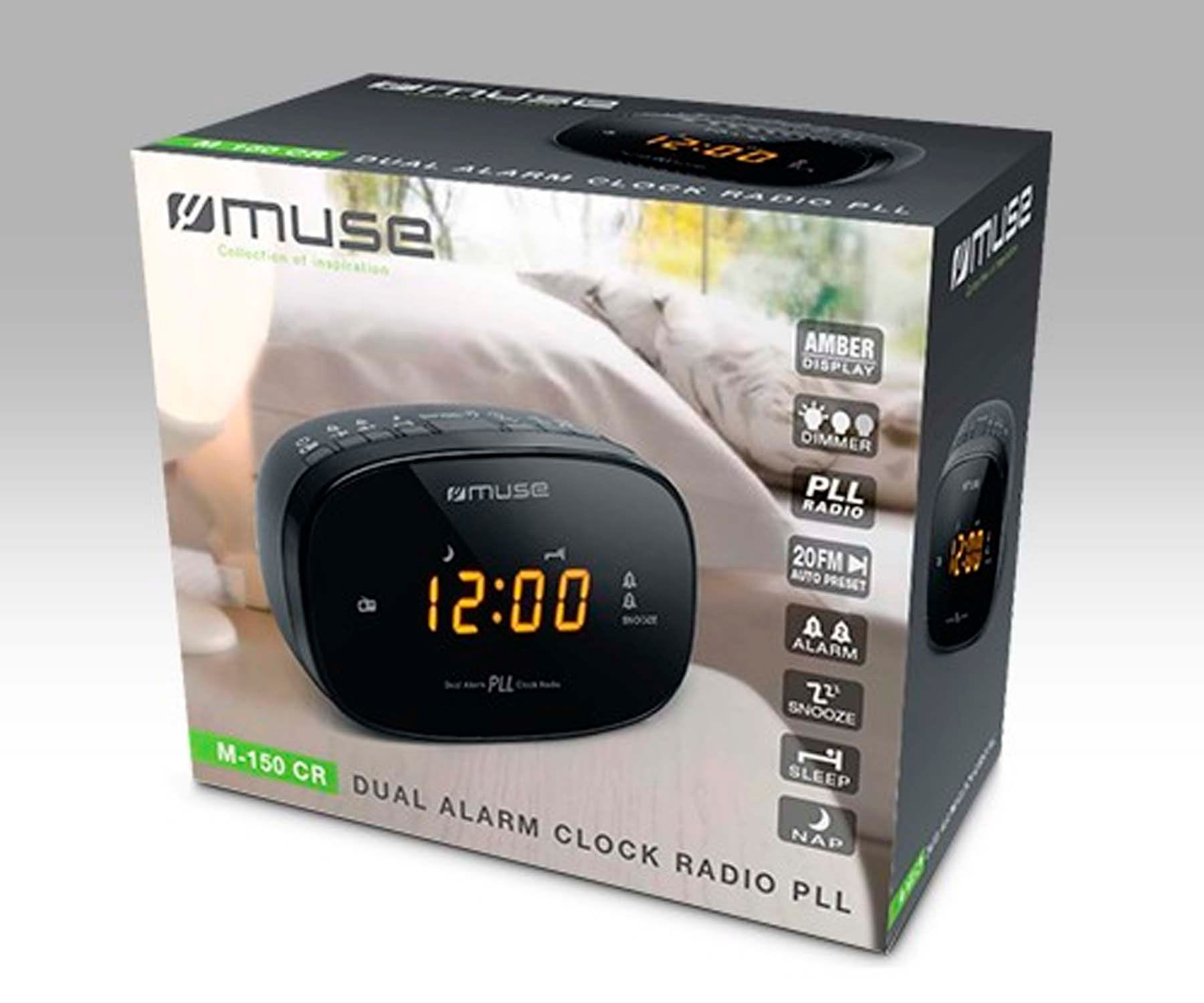 A boxed black alarm clock with a display. The box shows details about the clock.