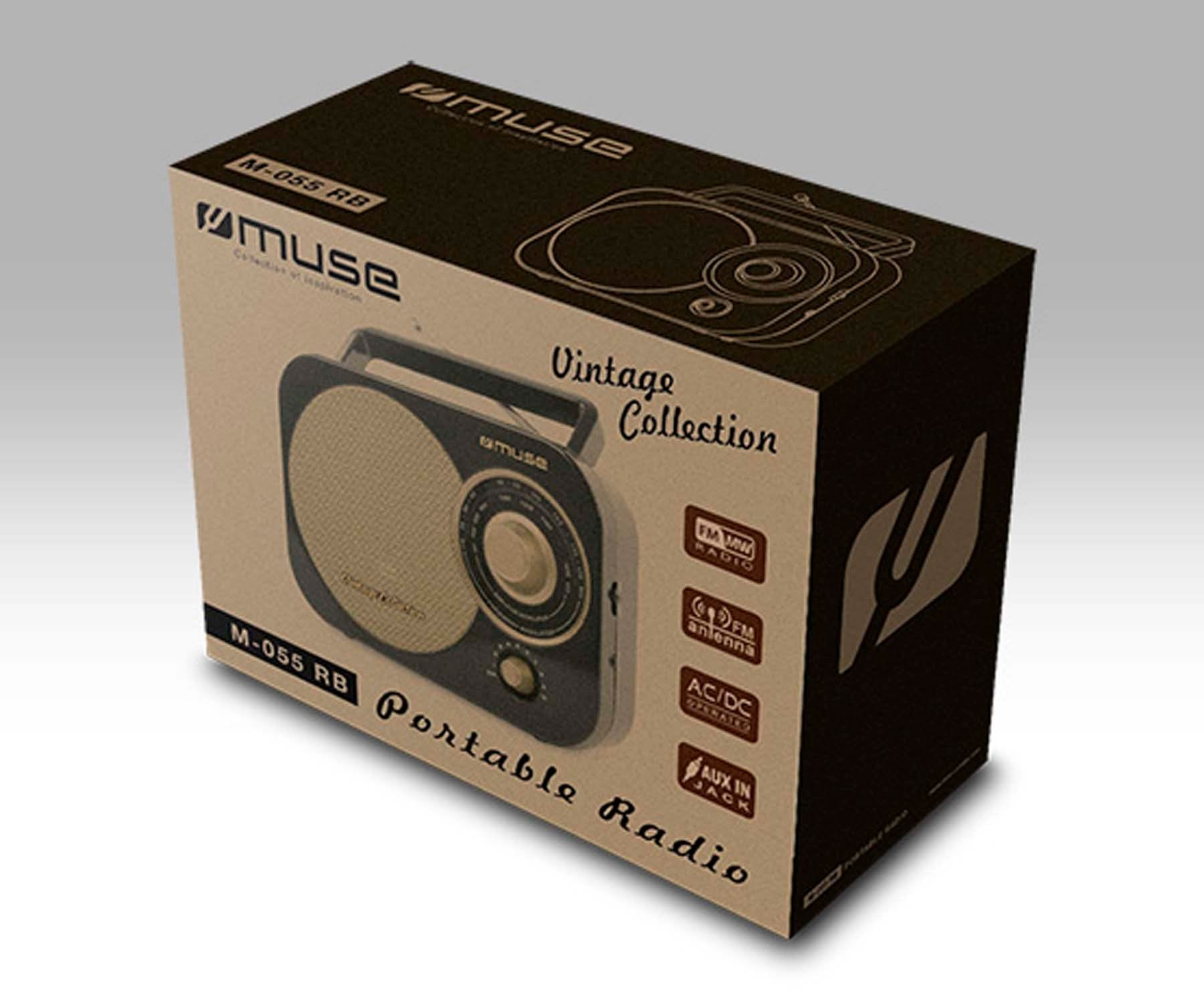 Radio w stylu vintage zapakowane w pudełko, z tekstem i obrazami, na jasnej powierzchni.