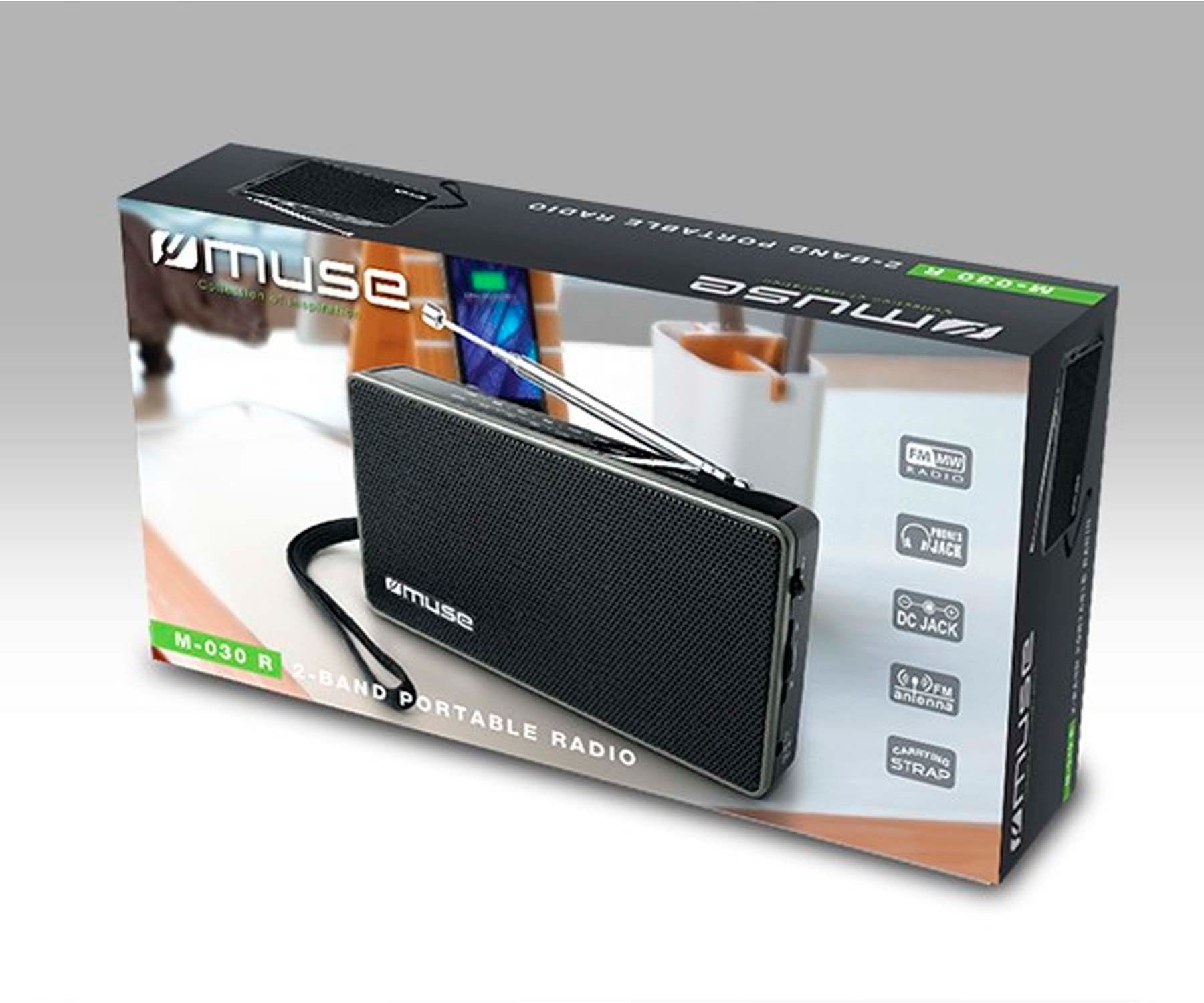 Radio w pudełku, z tekstem na pudełku na białym tle.