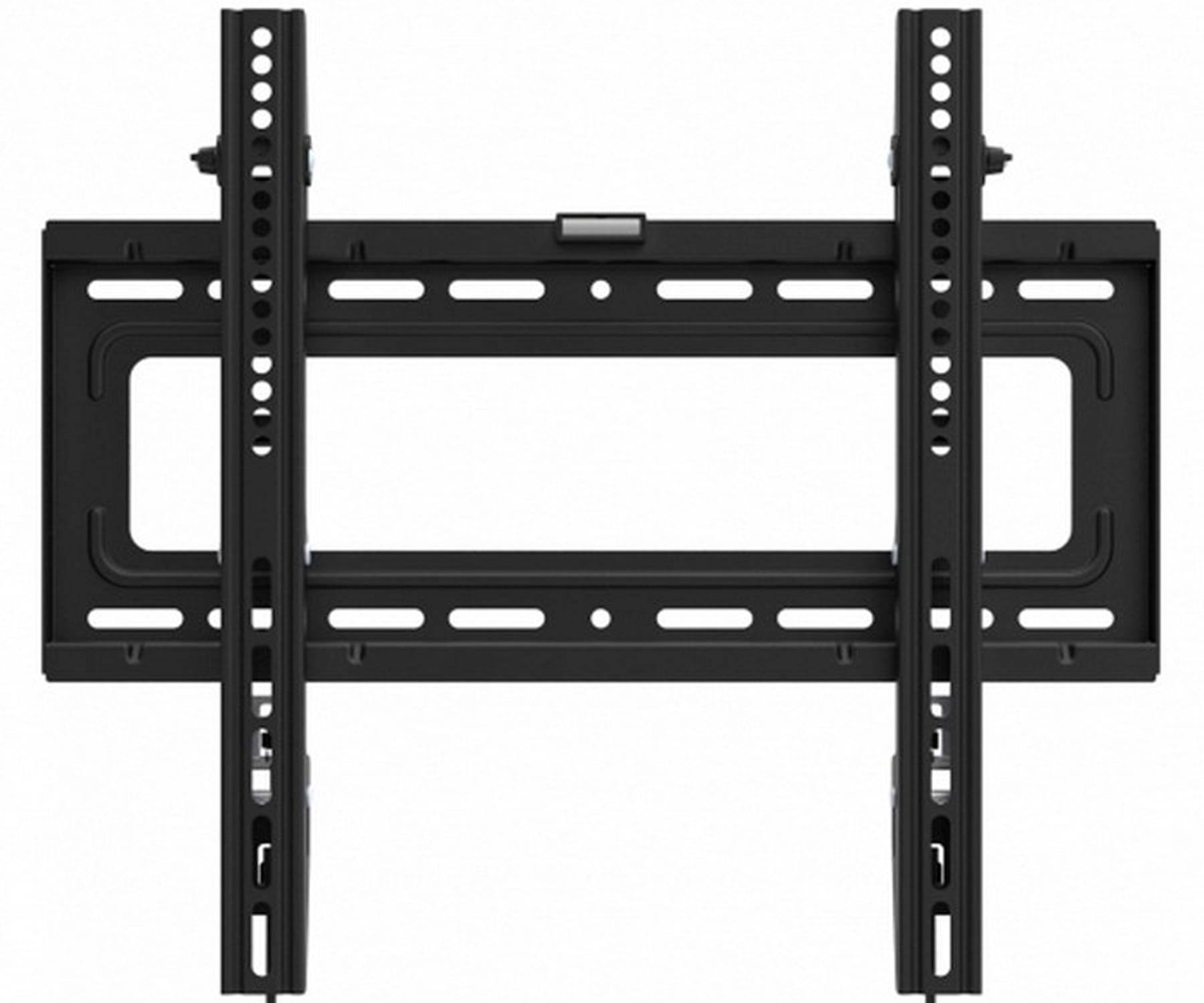 Soporte de pared para TV negro, con dos rieles verticales y un marco rectangular. Agujeros y ranuras visibles.