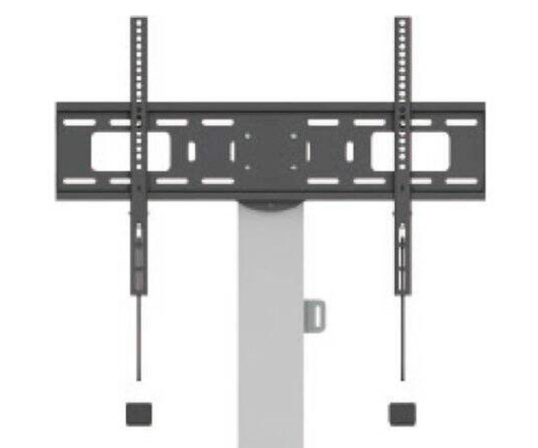Un soporte de TV en un poste. Es negro y gris, diseñado para montar un televisor.