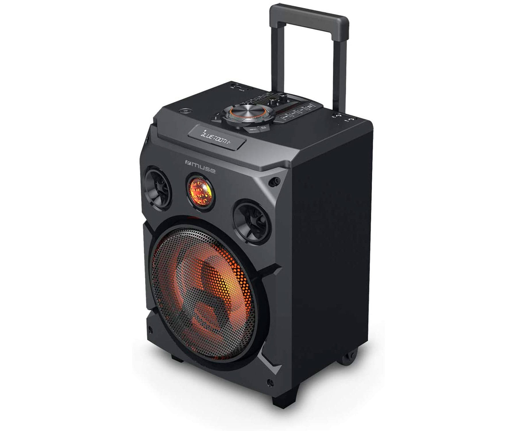 Muse M1915 Dj trolley party bluetooth con pantalla led amarilla y mango carcasa de madera 150 w sistema megafonía ruedas negro 150w fiestas batería radio fm usb aux 2x