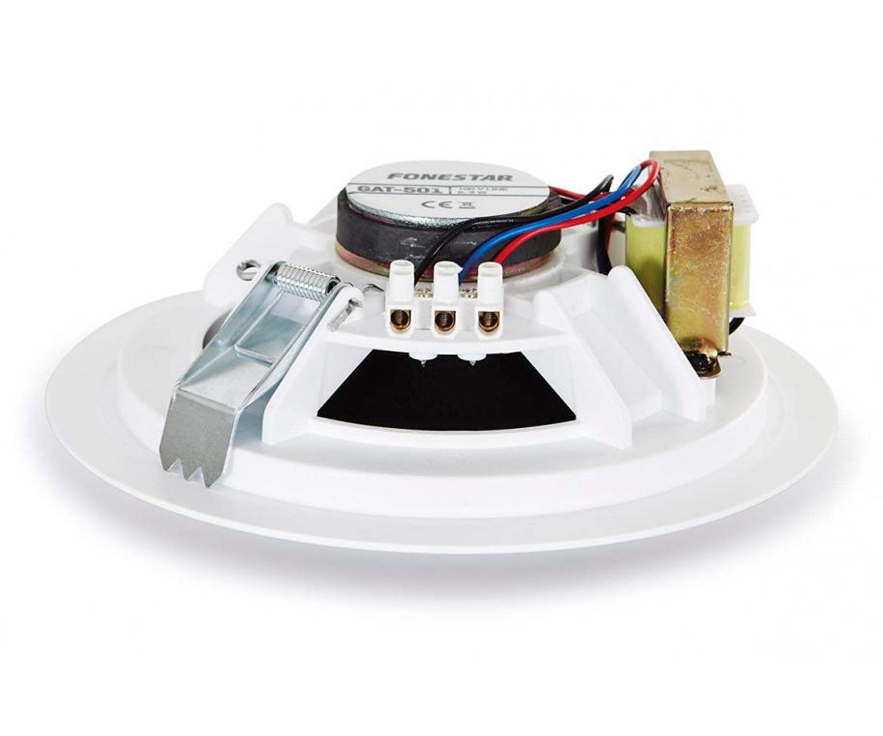Componente de altavoz con cableado expuesto. Marco circular blanco, altavoz negro.