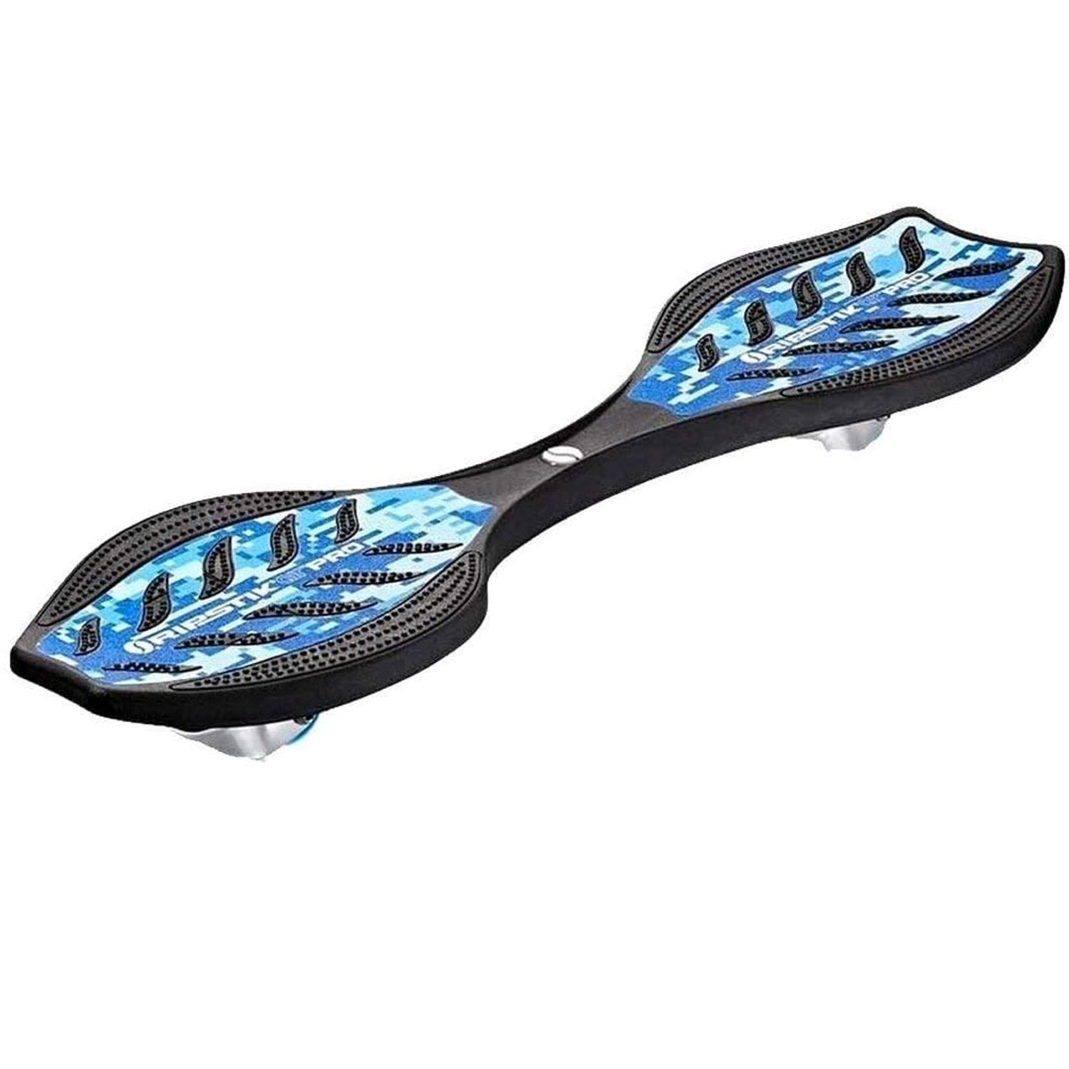 Una casterboard con motivo mimetico blu e impugnature nere su sfondo bianco.