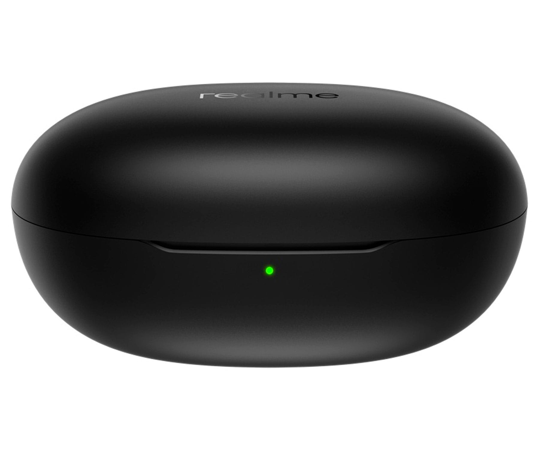 Custodia nera per auricolari Realme con marchio e luce verde.