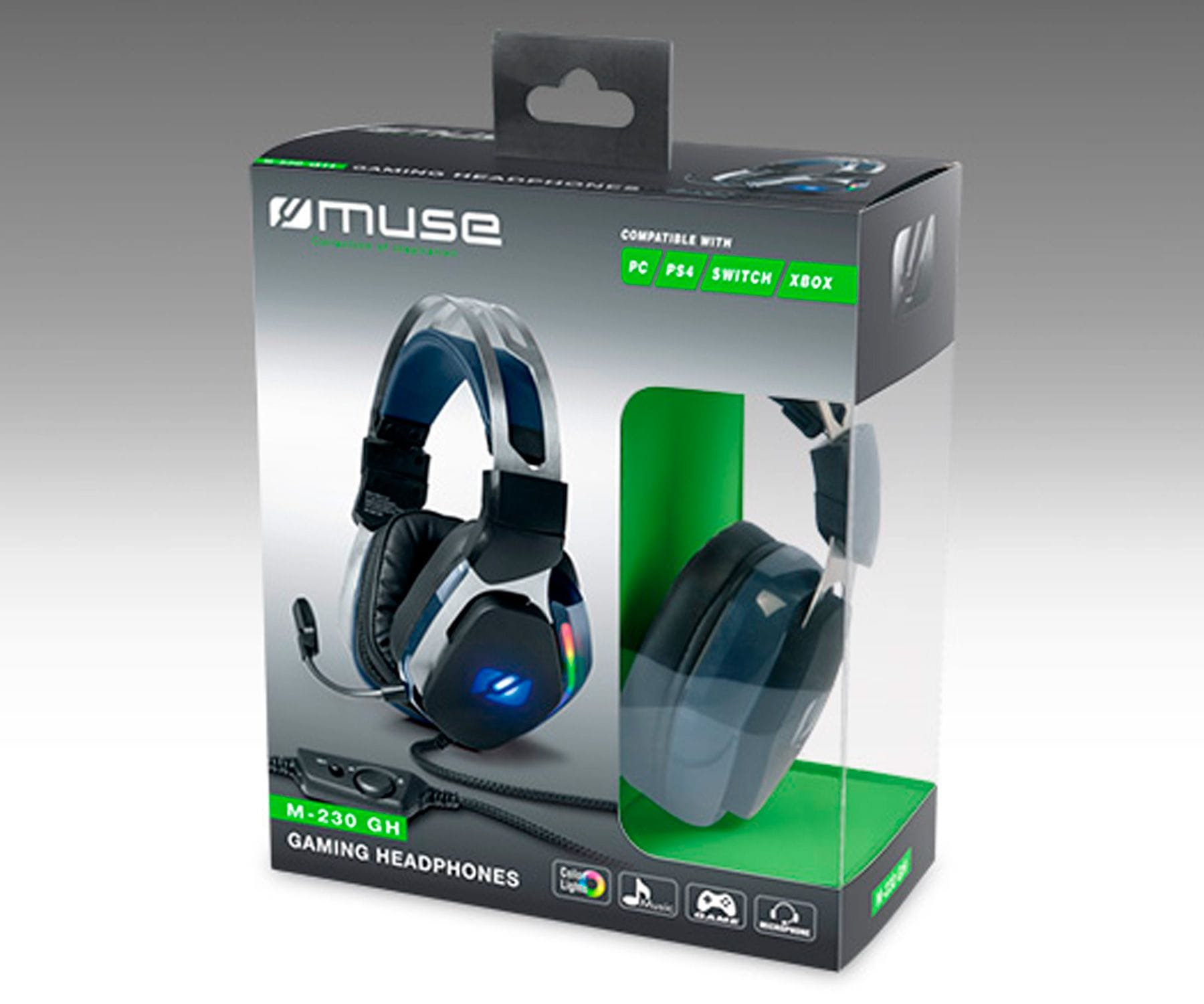 Un auricular para juegos en caja con frente transparente, mostrando los auriculares.