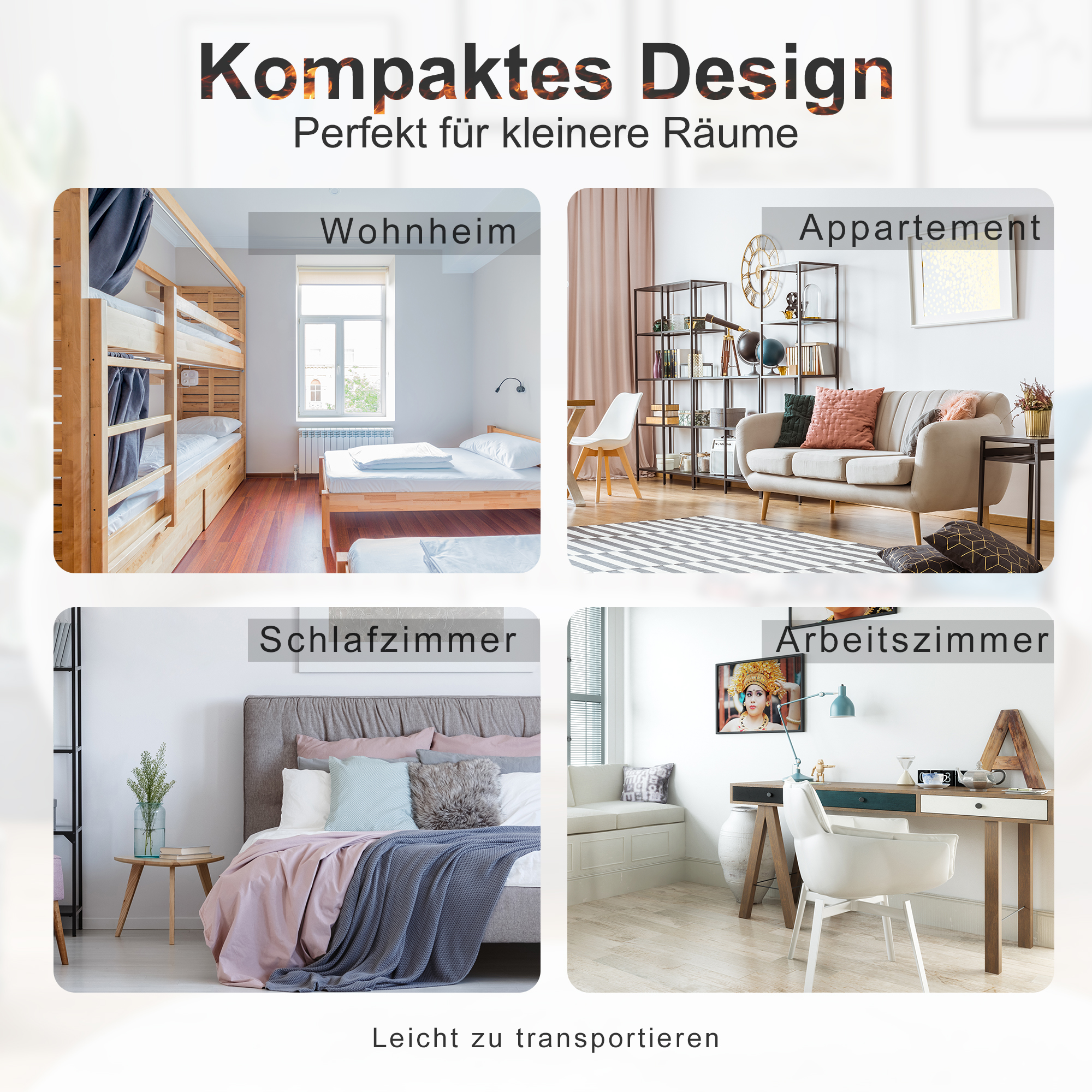 Vier Innenszenen: Wohnheimzimmer, Wohnung, Schlafzimmer und Arbeitszimmer, zeigen kompaktes Design.
