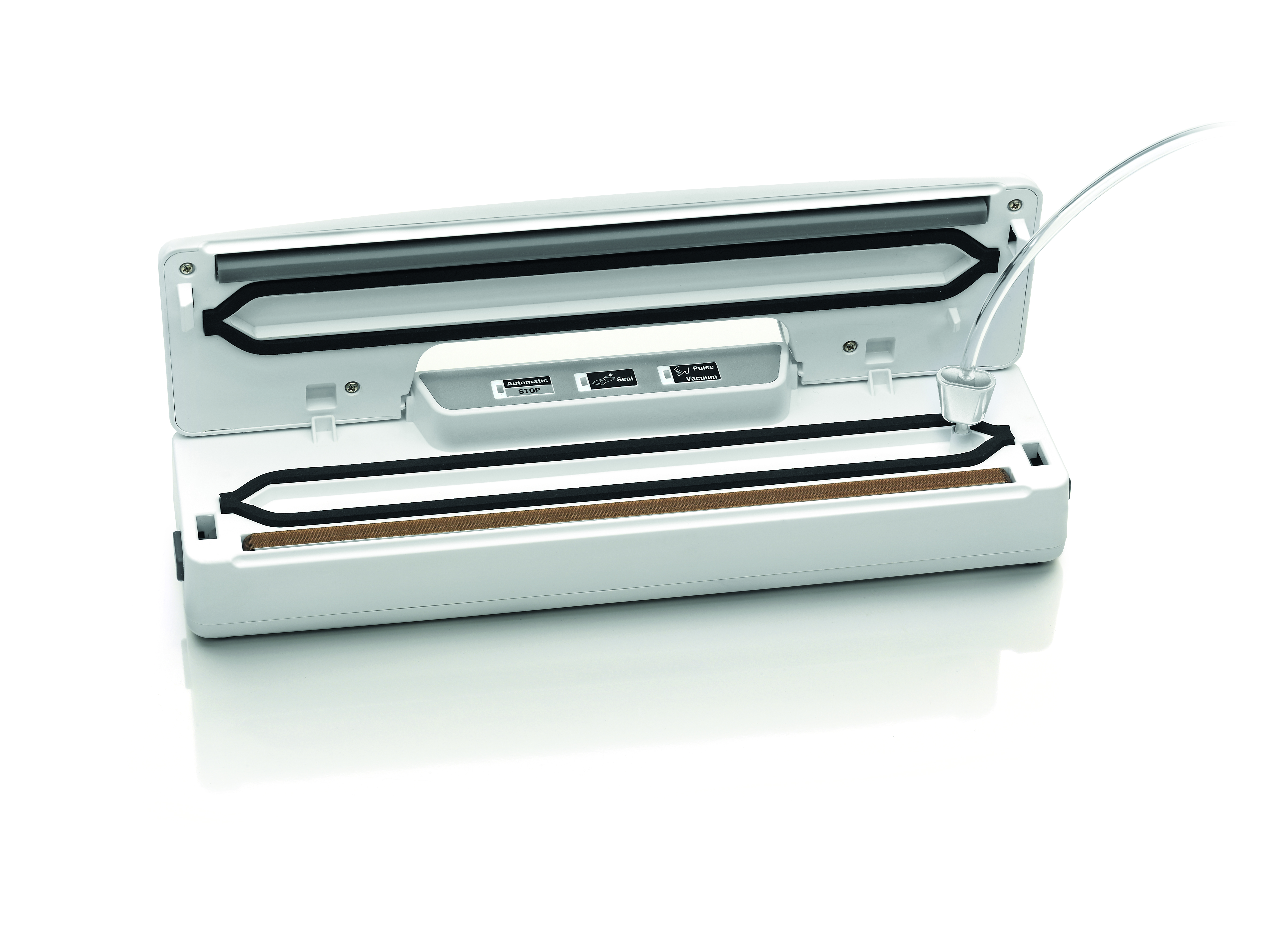 Biała zgrzewarka próżniowa, otwarta i pusta, na białej powierzchni.