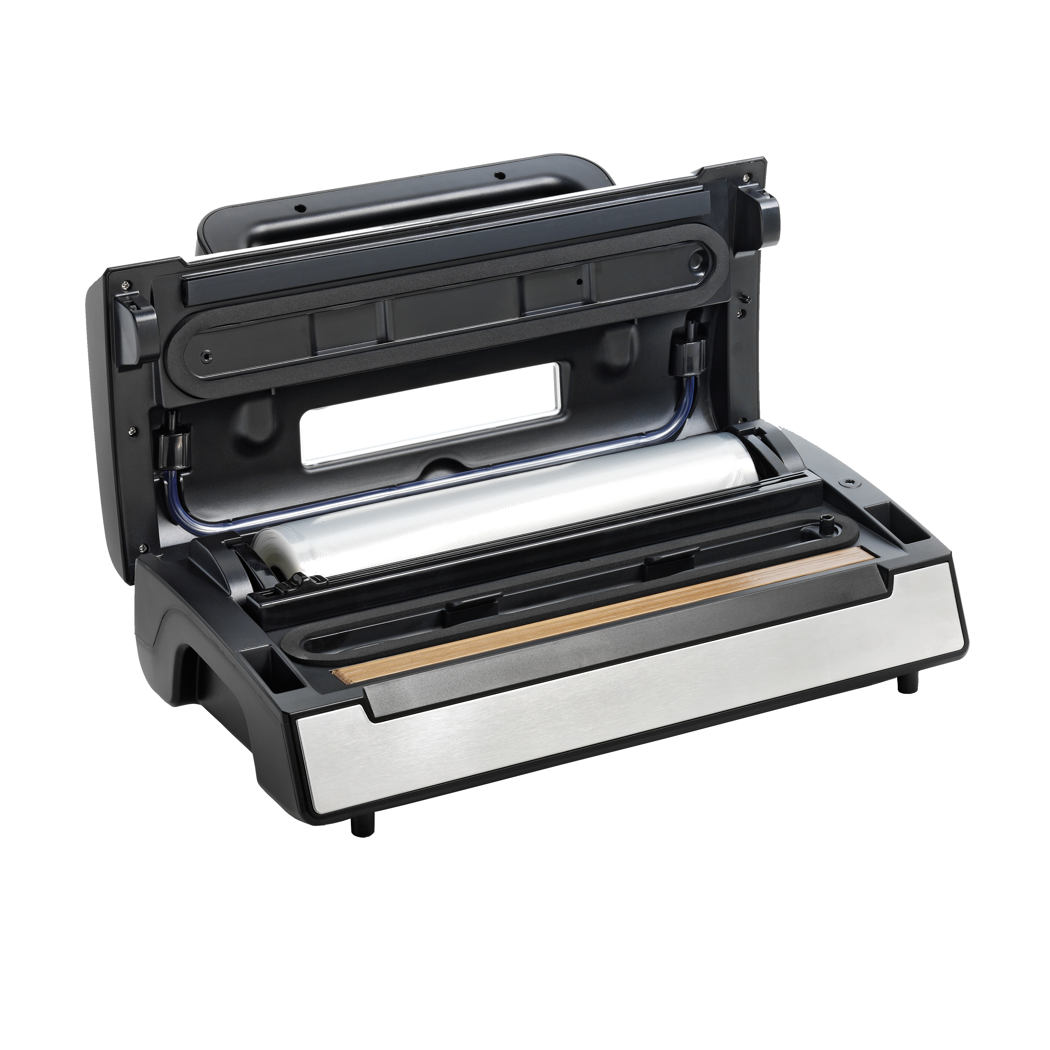 Zgrzewarka próżniowa, otwarta, z rolką plastiku i metalowym prętem pośrodku.