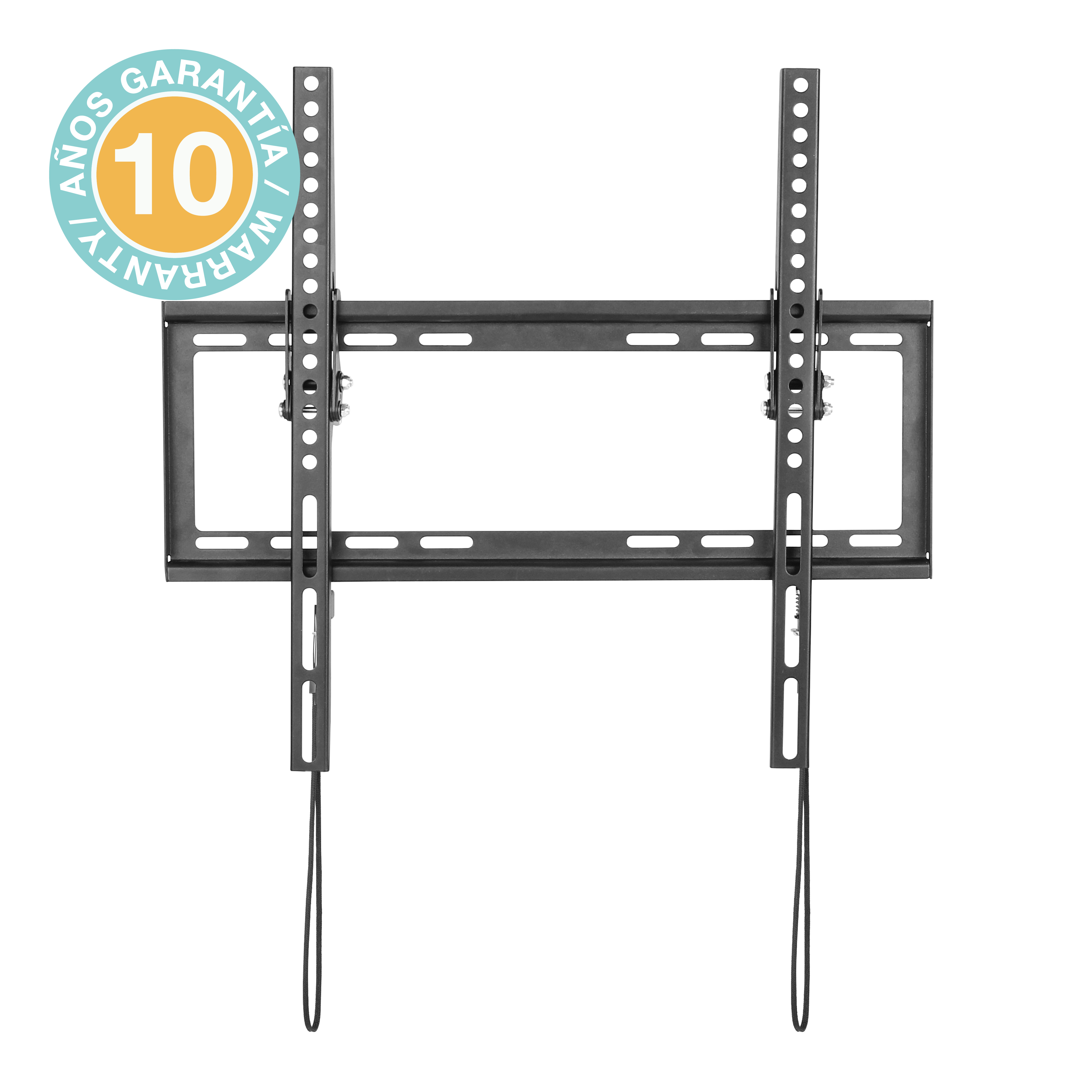 Un soporte de pared para TV negro con una pegatina de garantía.