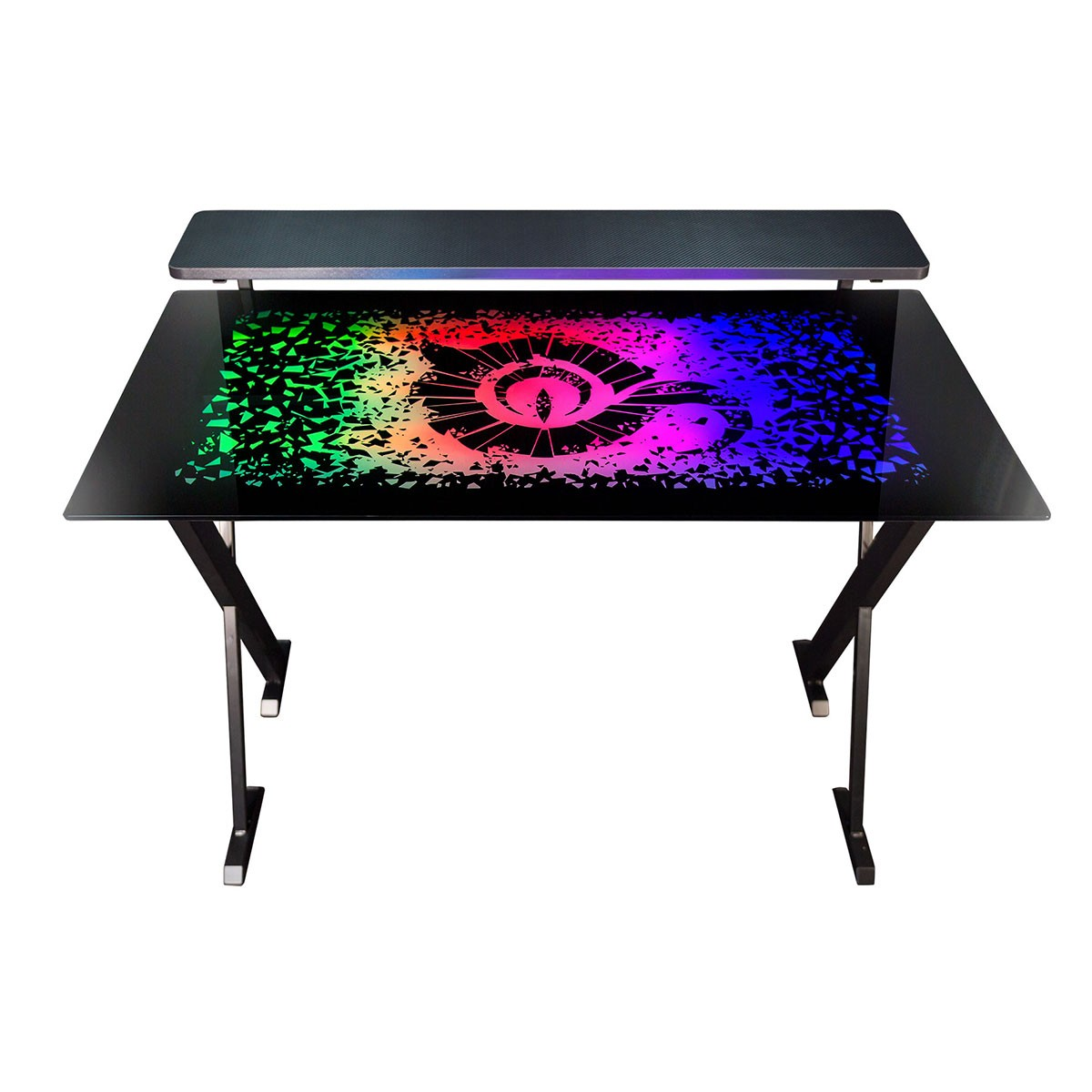 Escritorio gaming con luces led. Tiene una superficie negra con diseño de ojo colorido.