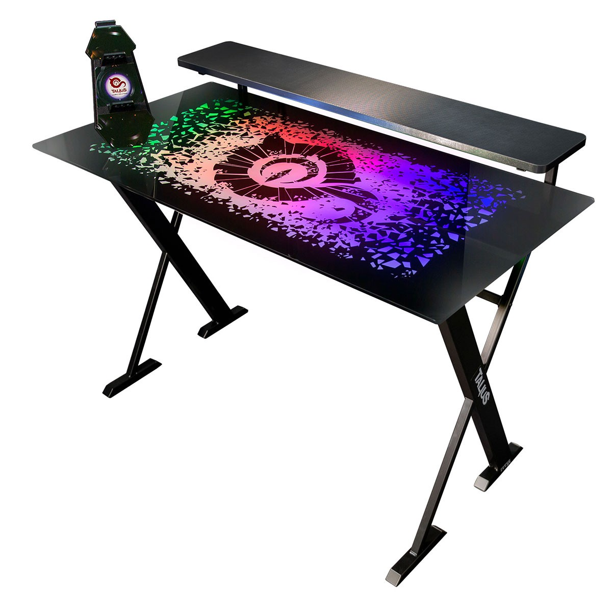 Escritorio gamer con luces LED en la superficie. Marco negro y tapa de cristal. Logo Tallis.