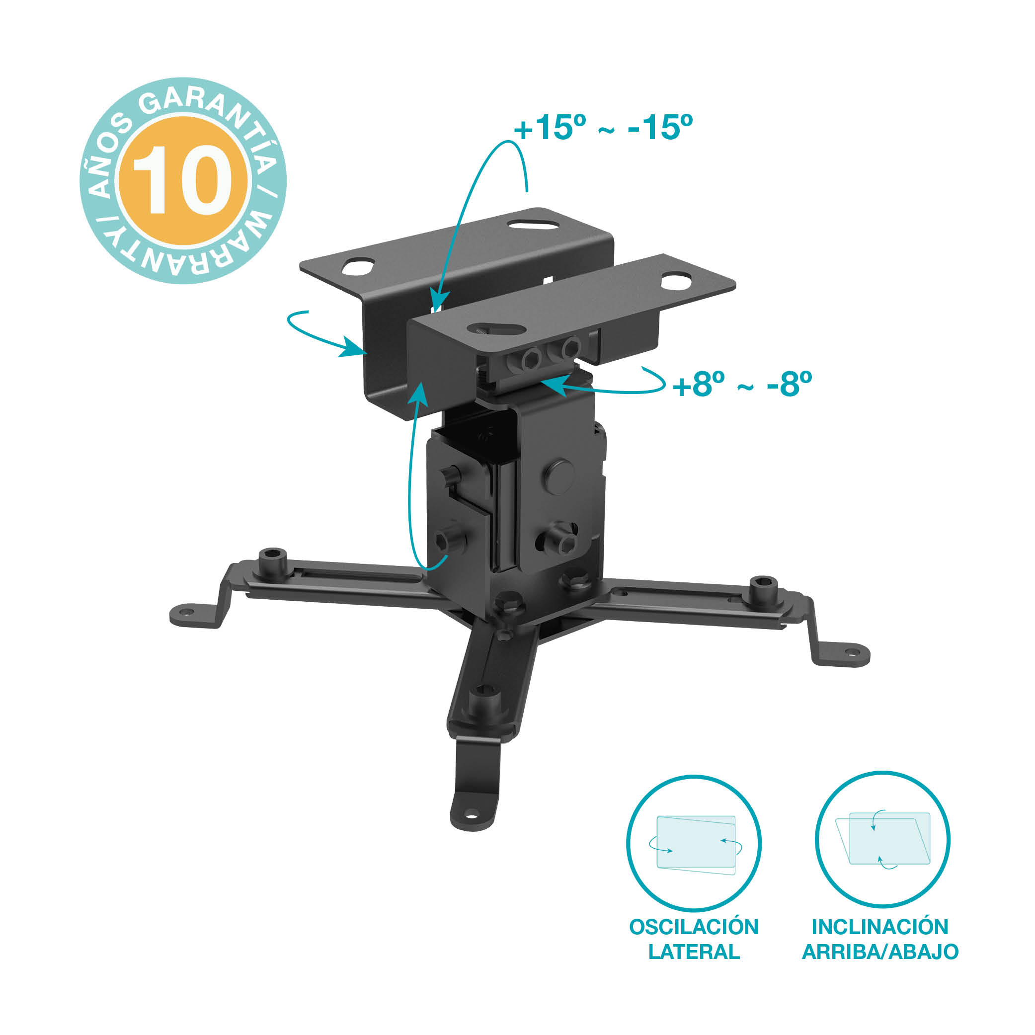 Soporte de proyector negro con flechas de ajuste. Sobre fondo blanco.