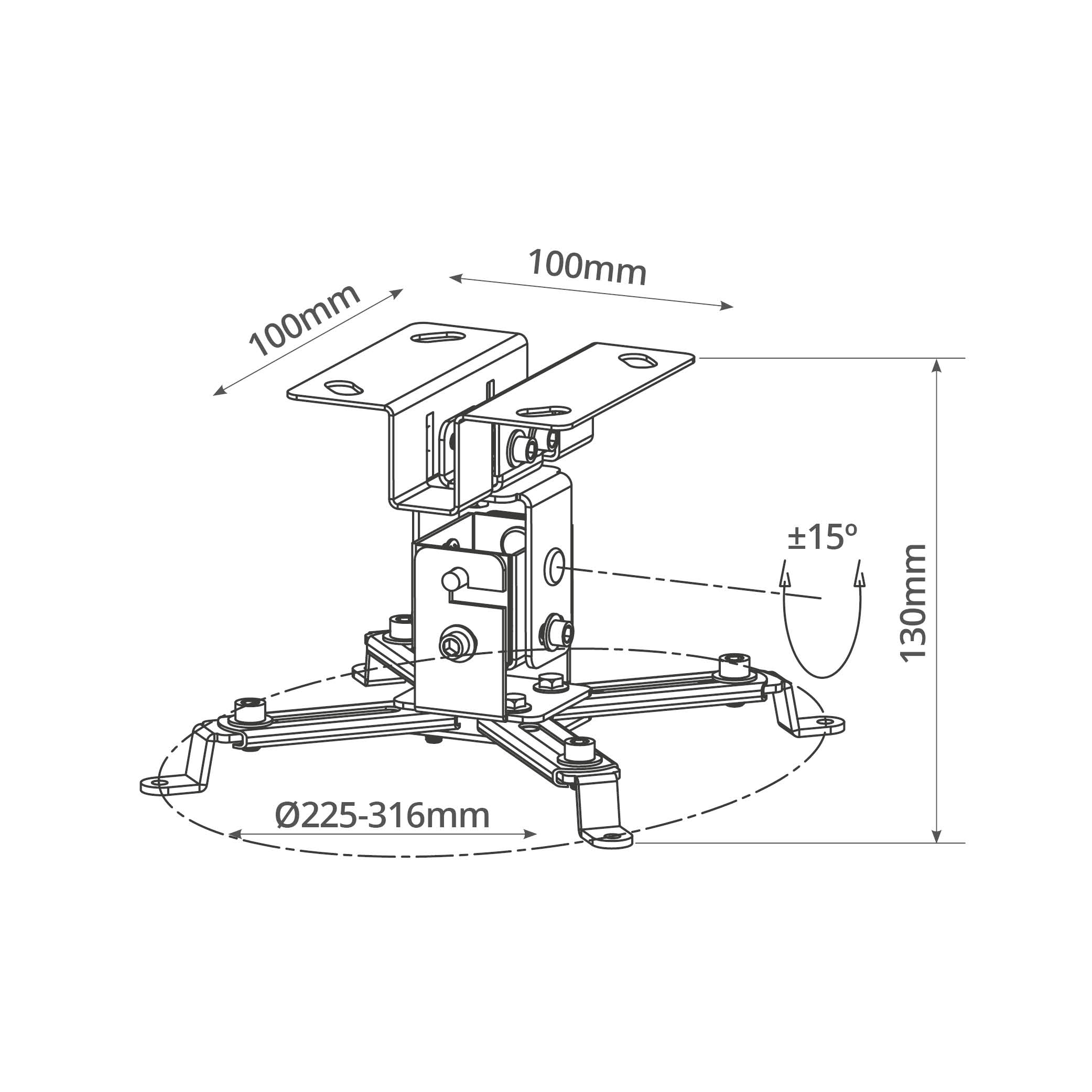 Soporte proyector con dimensiones. Muestra medidas para instalación.