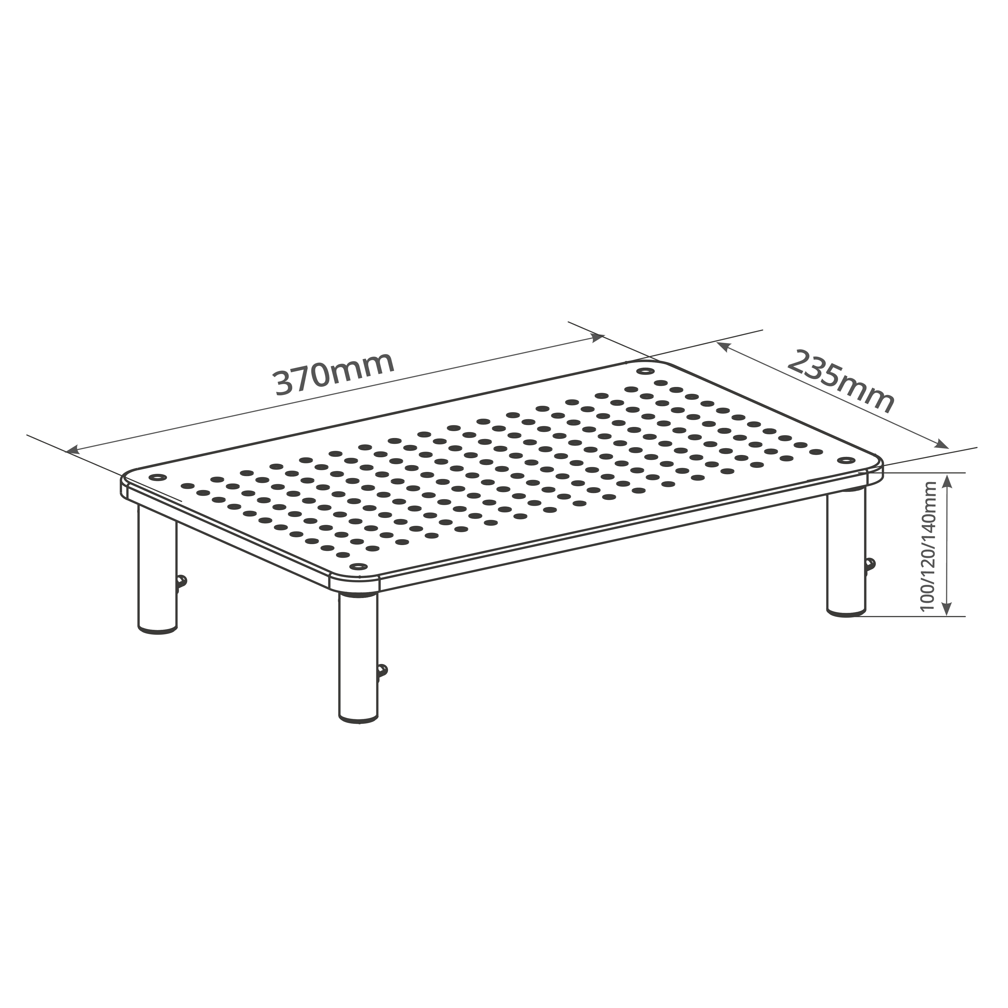 Soporte metálico negro con agujeros. Dimensiones: 370 mm x 235 mm. 4 patas plateadas. Medidas: 100/120/140 mm.