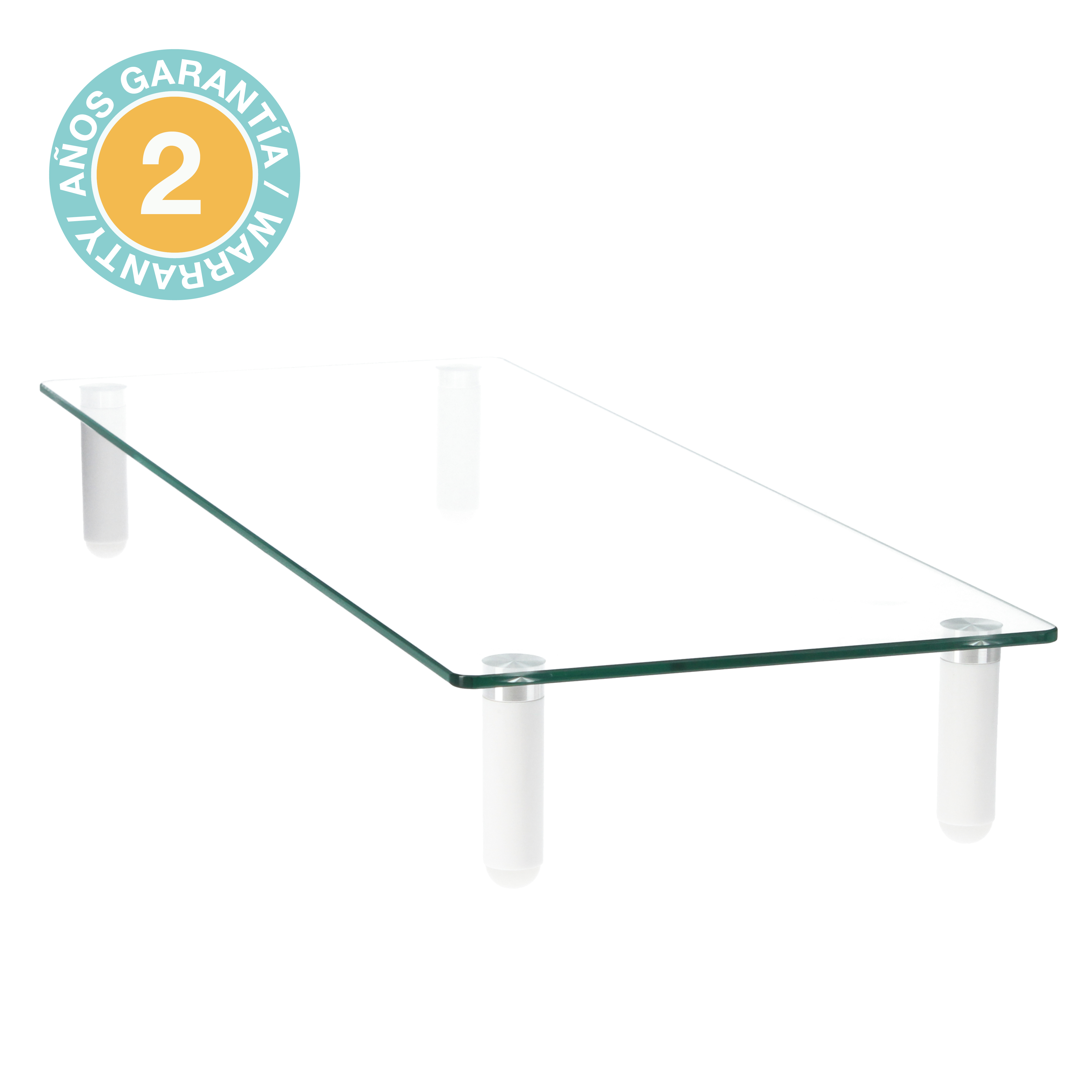 Un soporte de vidrio transparente con patas blancas y una insignia de garantía. Para monitores de computadora.