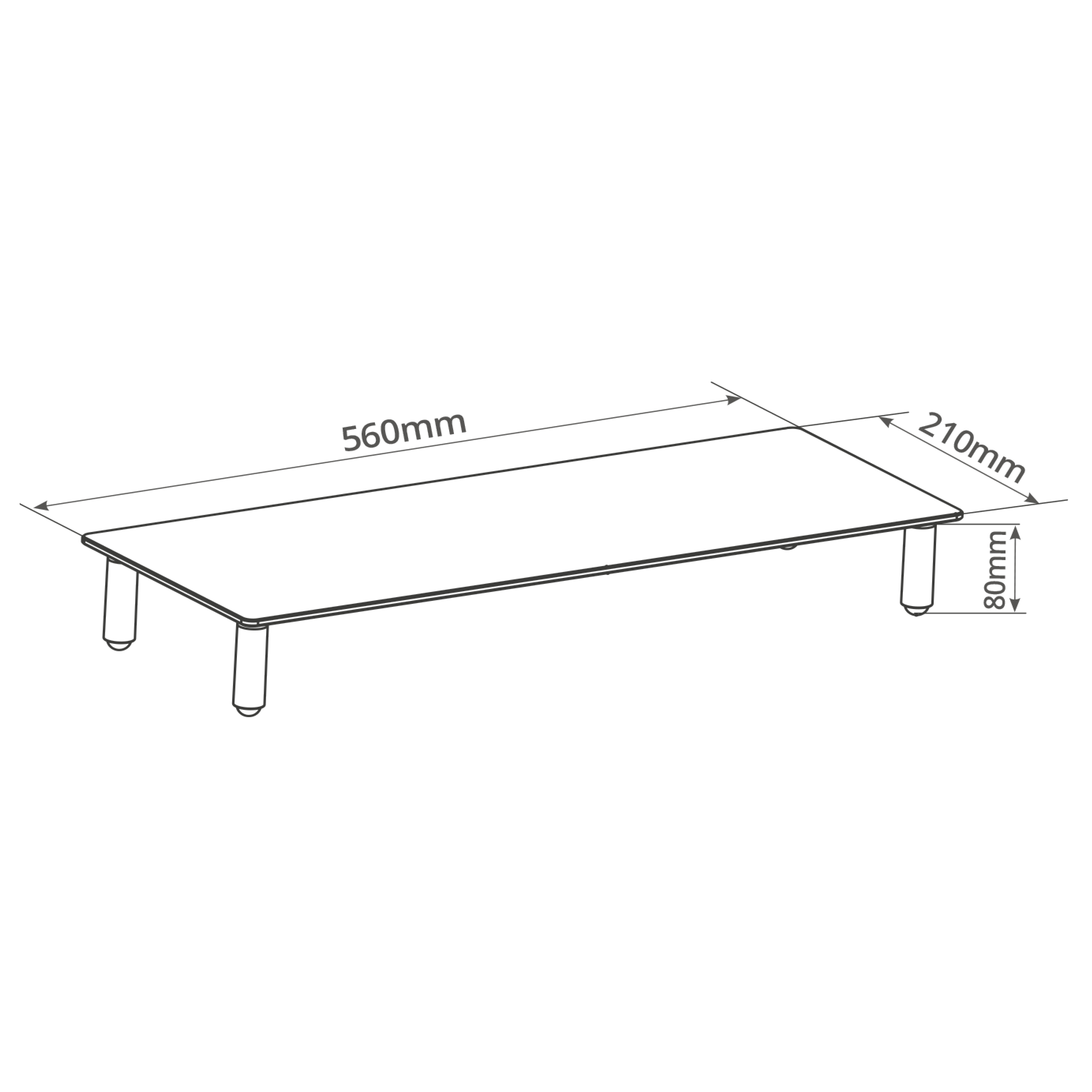 Diagrama de un escritorio rectangular con dimensiones: 560mm x 210mm x 80mm, sobre blanco.