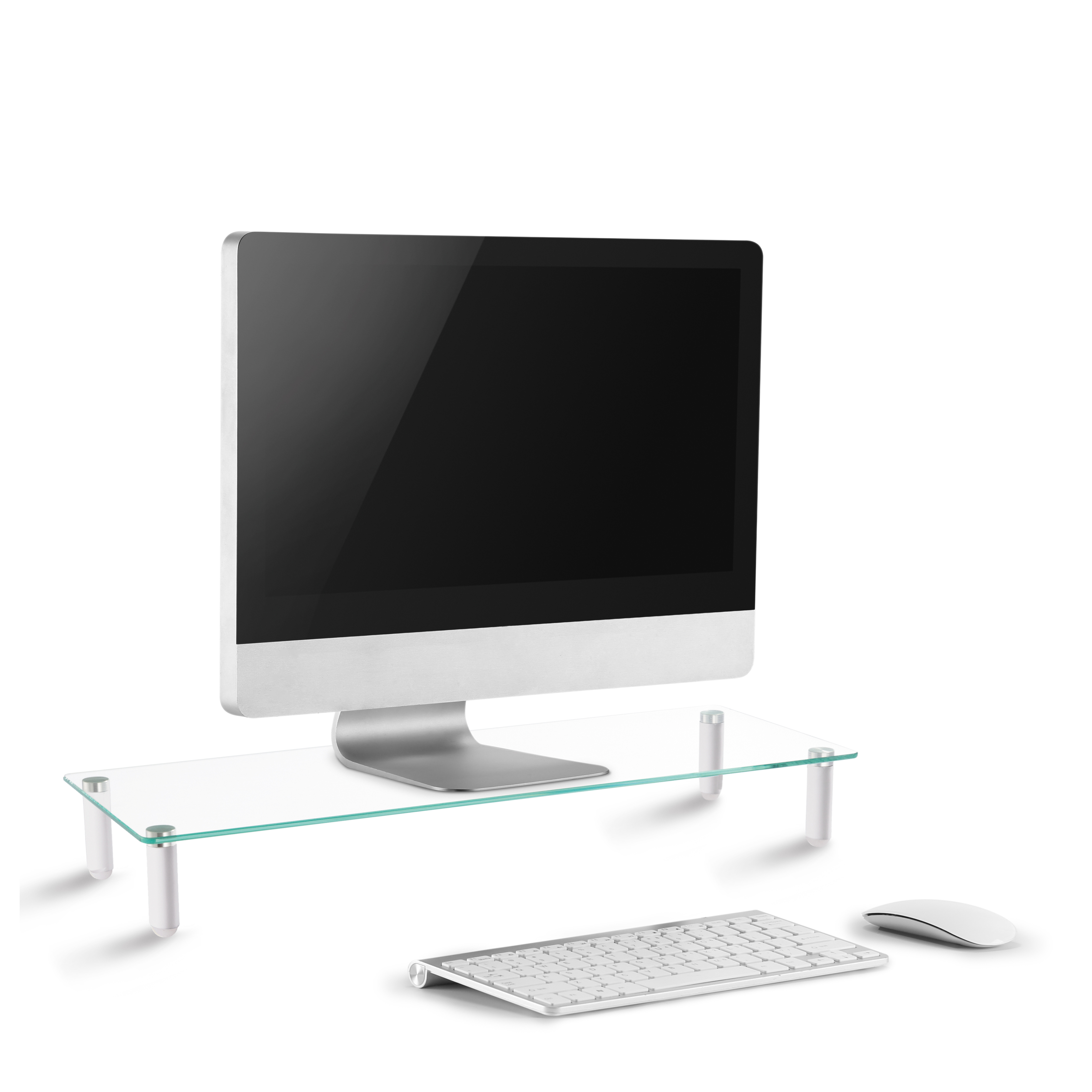 Un monitor de computadora sobre un soporte de vidrio transparente, con teclado y ratón debajo sobre un fondo blanco.