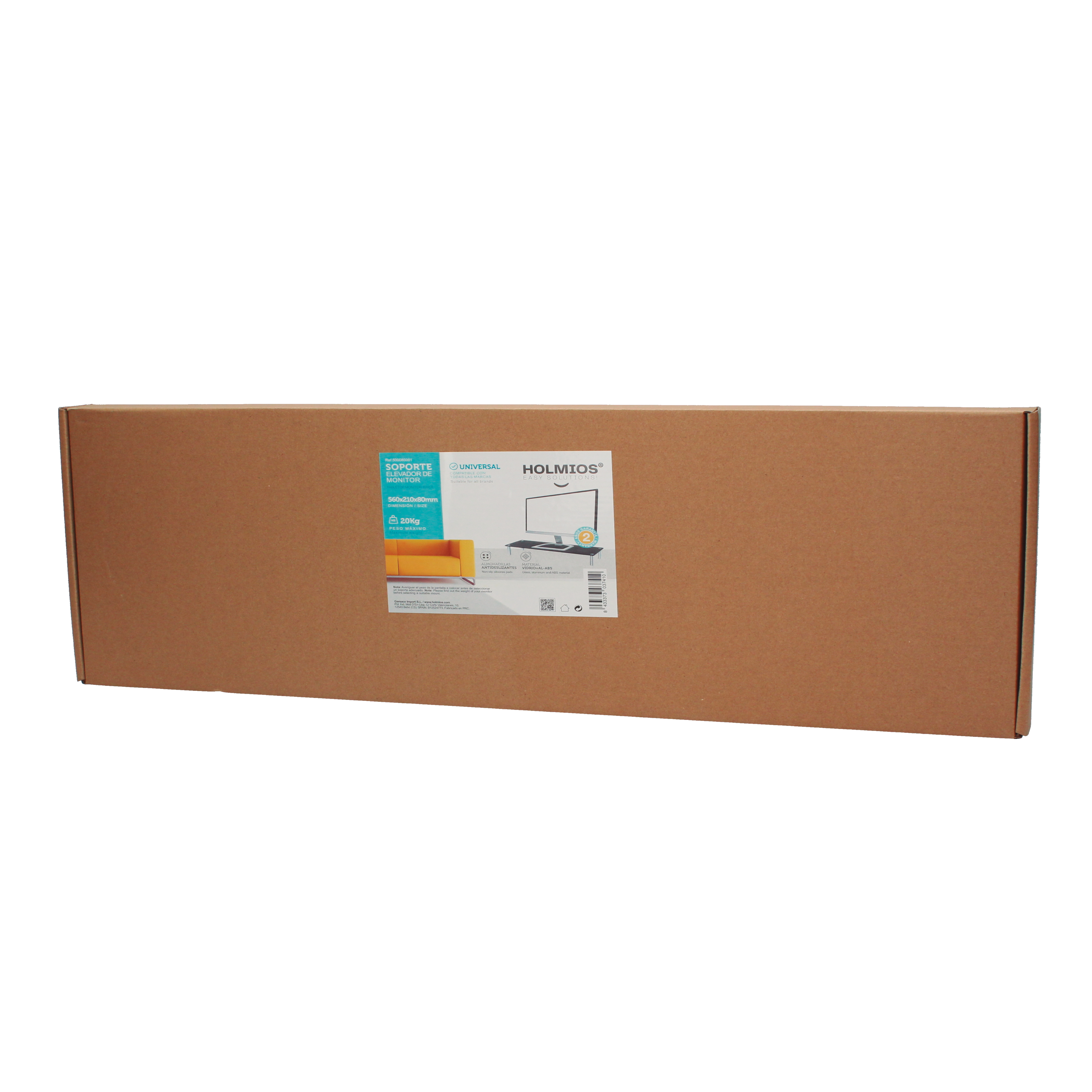 Una caja de cartón marrón larga con una etiqueta del producto en su lado.