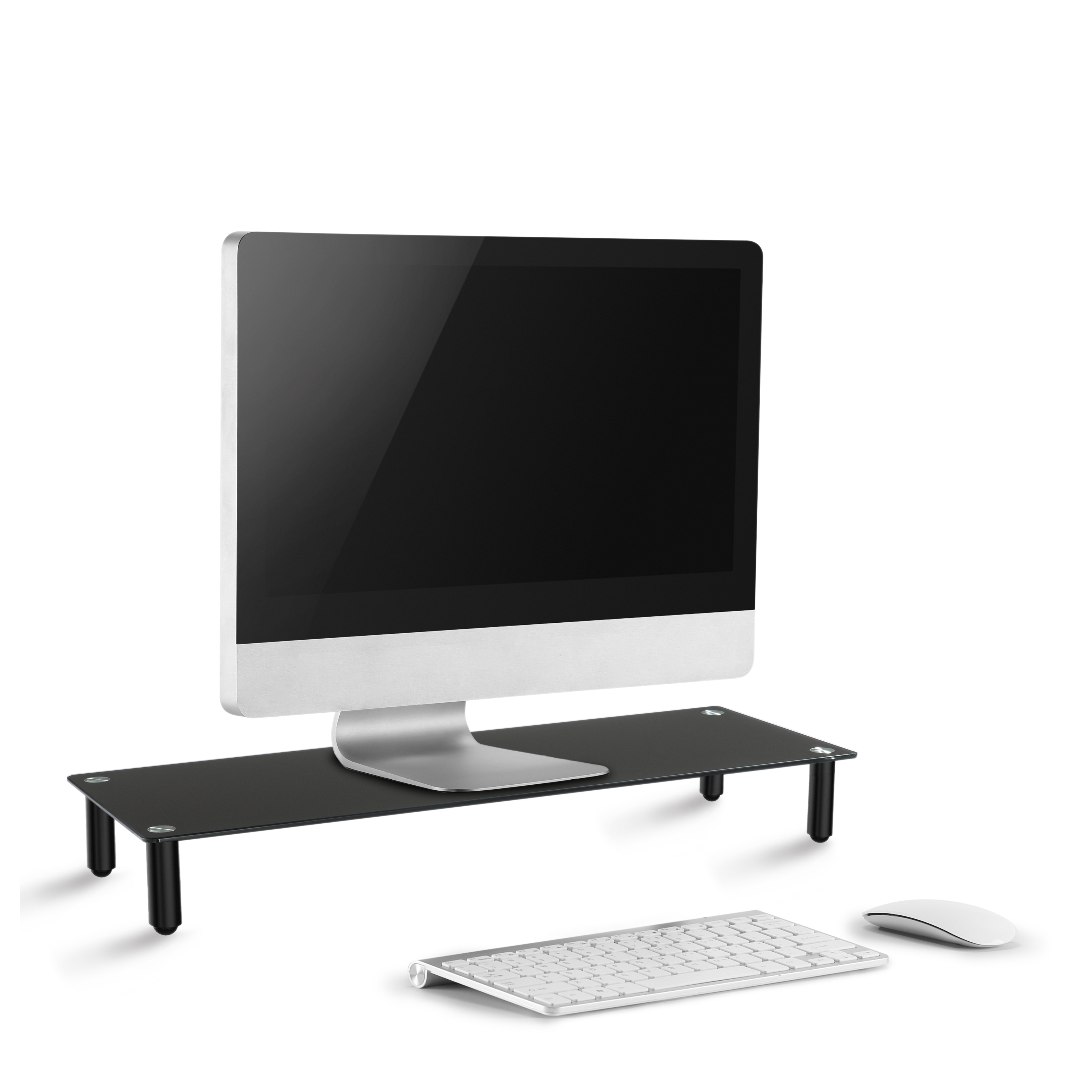 Monitor de computadora en un soporte negro, con teclado y ratón. Fondo blanco.
