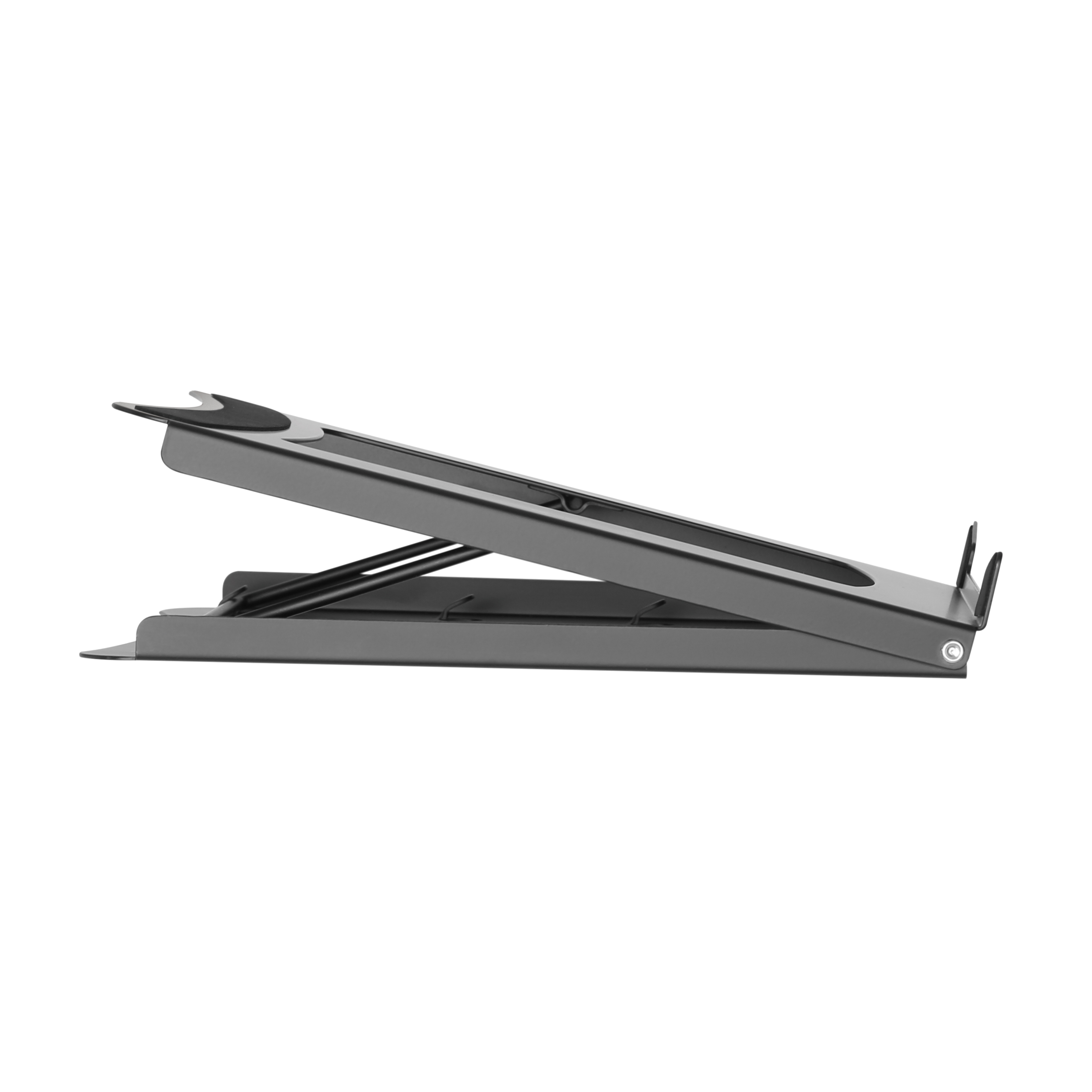 Soporte para portátil gris, plegado, con una bisagra negra.
