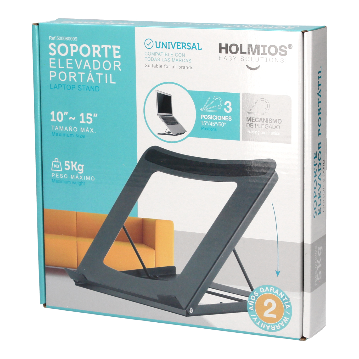 Caja soporte portátil: soporte negro dentro, con gráfico y texto del portátil.
