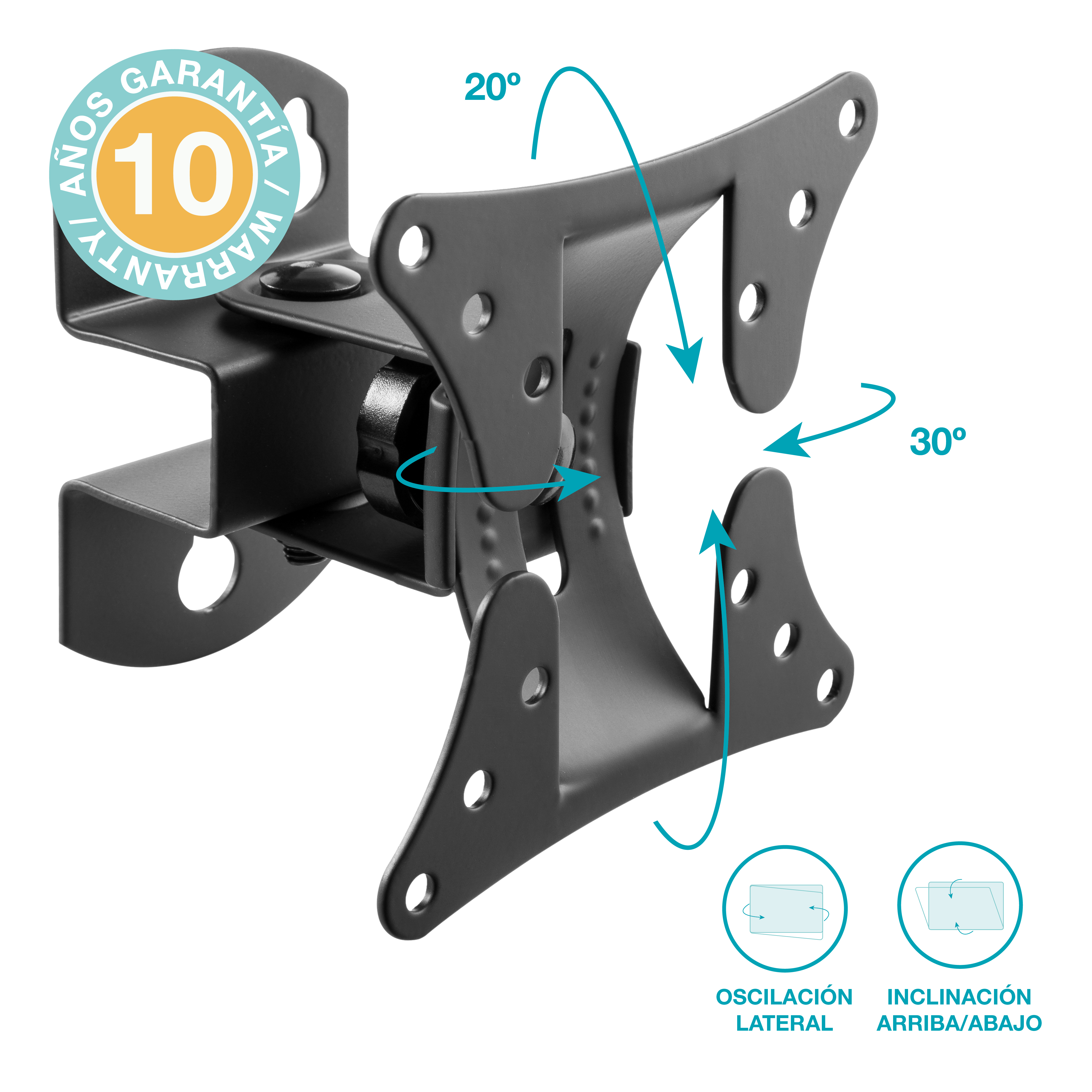 Soporte de pared negro para TV con etiquetas de rotación y pegatina de garantía de 10 años. Fondo blanco.
