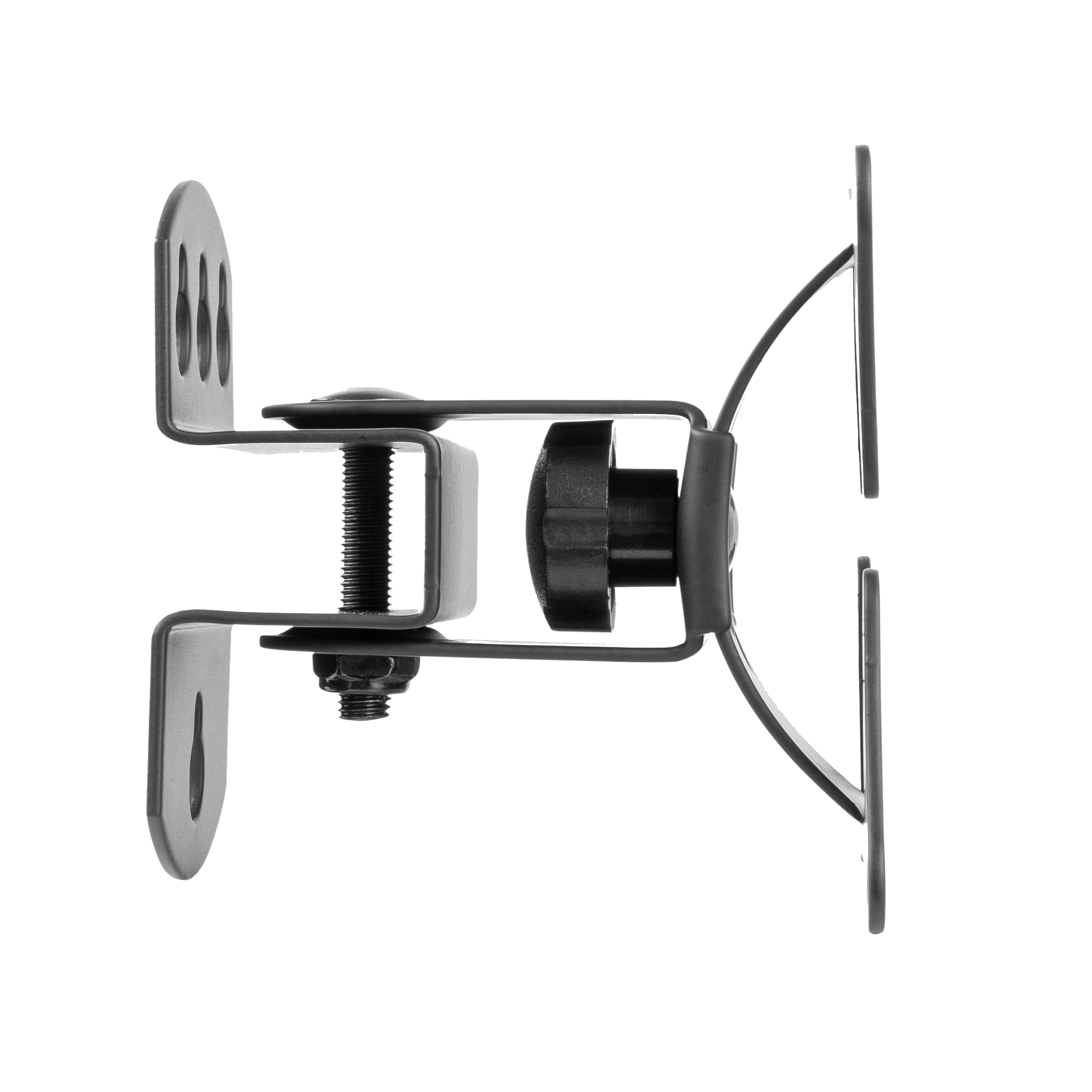 Soporte de TV metálico negro con brazo ajustable, perno y tornillos. Fondo blanco.