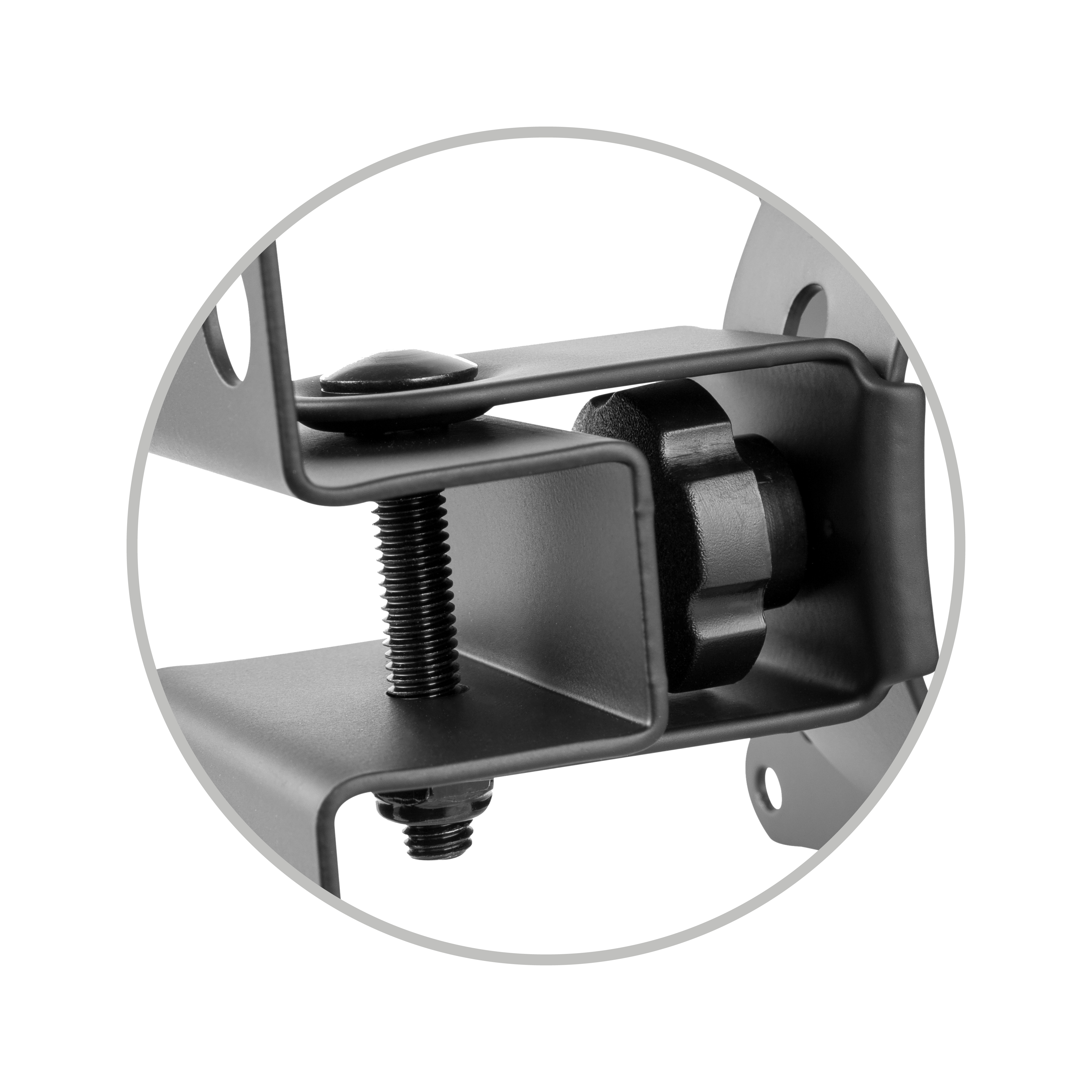 Primer plano de un soporte negro con un tornillo y una perilla negra. El soporte es parte de un objeto más grande.