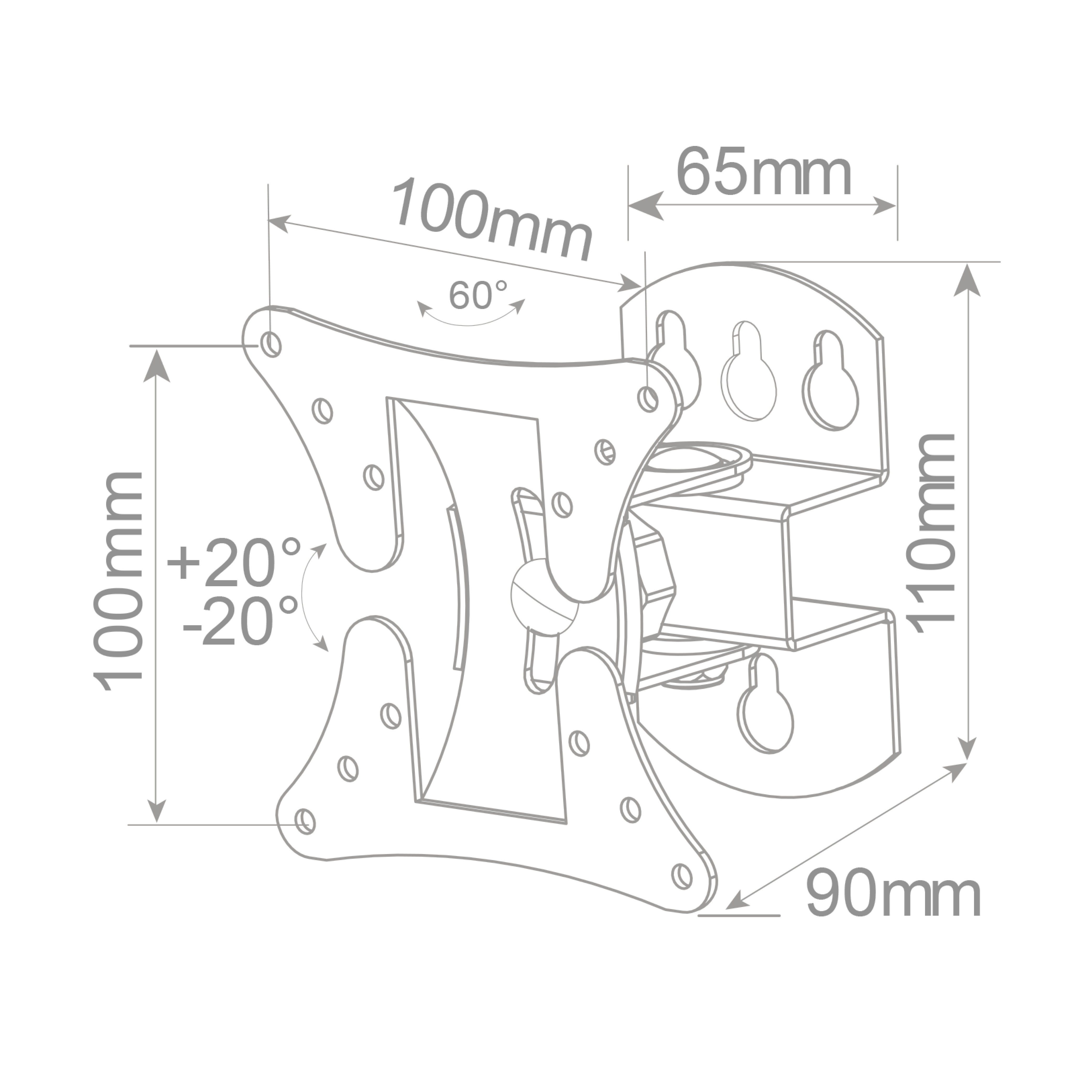 Soporte de pared para TV con dimensiones y ángulos en dibujo técnico.