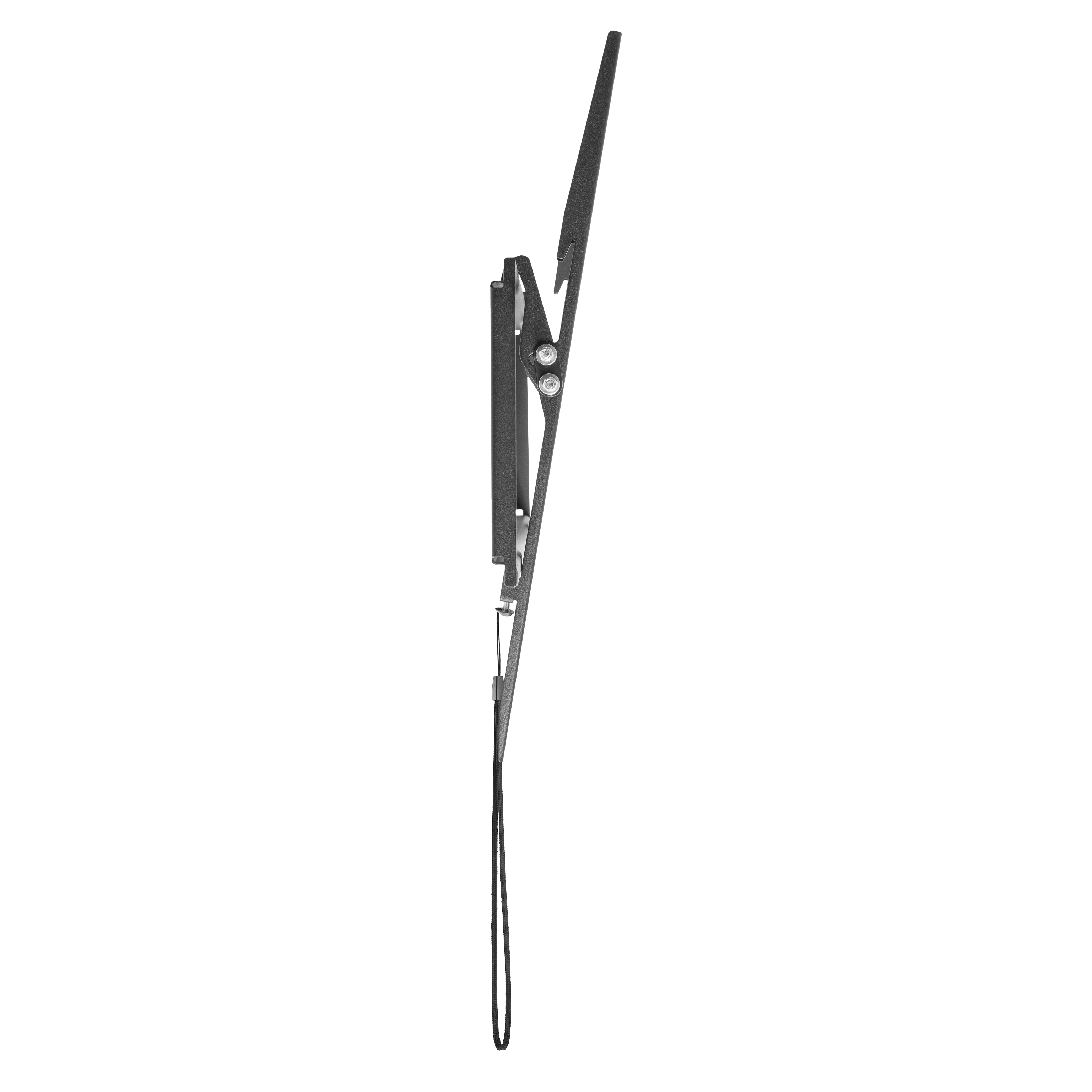 Soporte de pared para TV, vista lateral. Construcción metálica negra, con correa colgante.