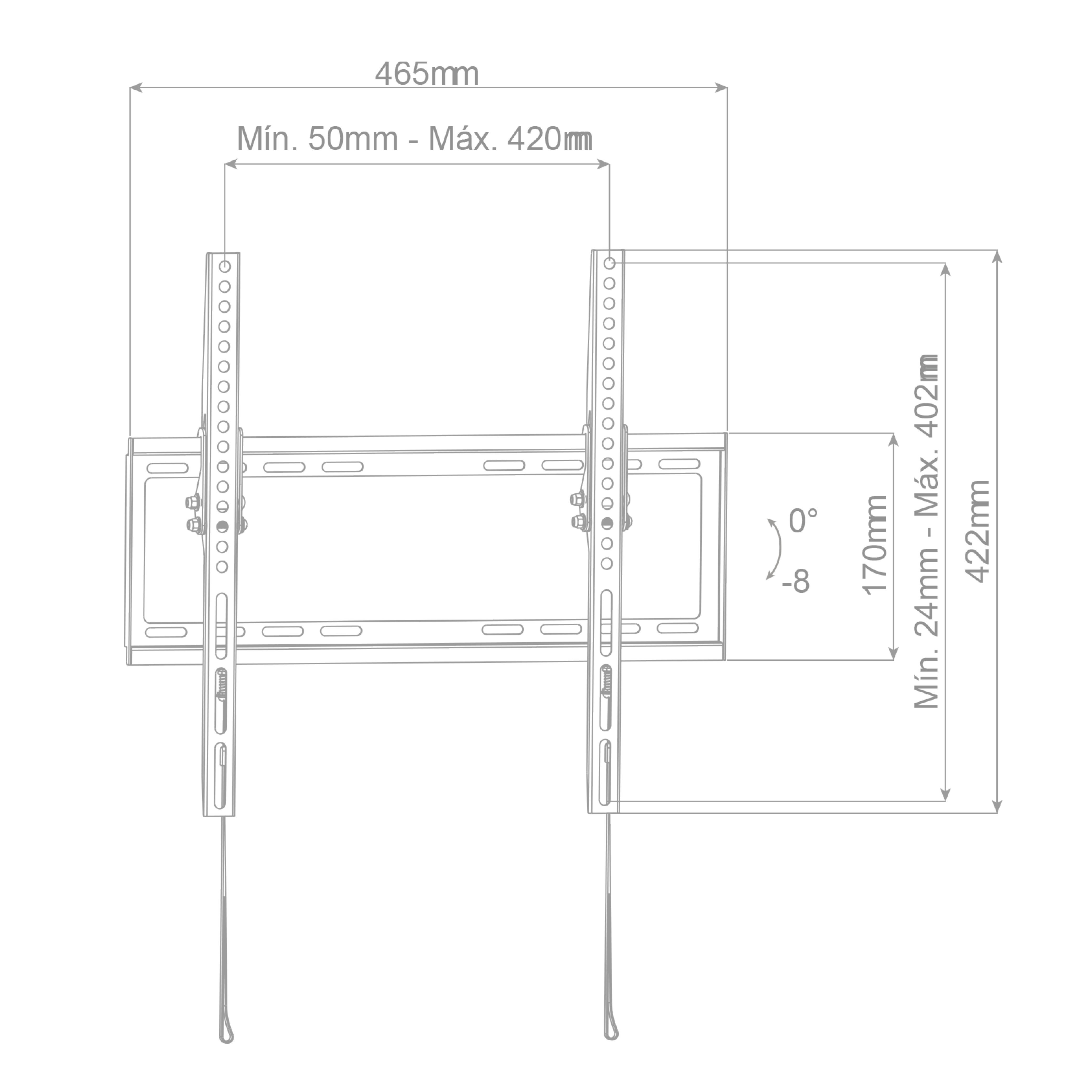 Diagrama con dimensiones de un soporte de TV. Fondo blanco.