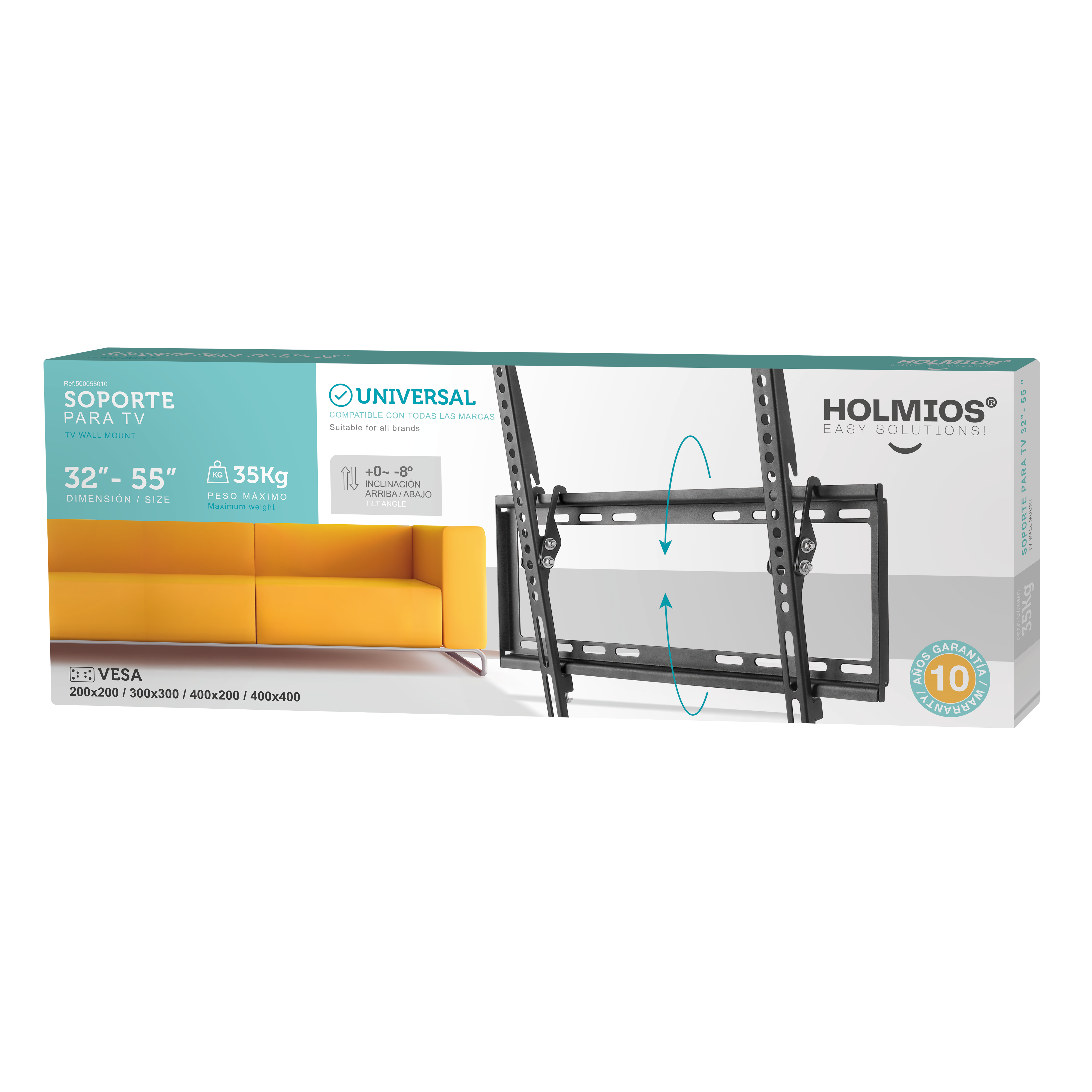 Caja con soporte de pared para TV. Muestra TV y sofá amarillo. Texto: 32"-55". 35Kg. Universal. 10 años garantía.