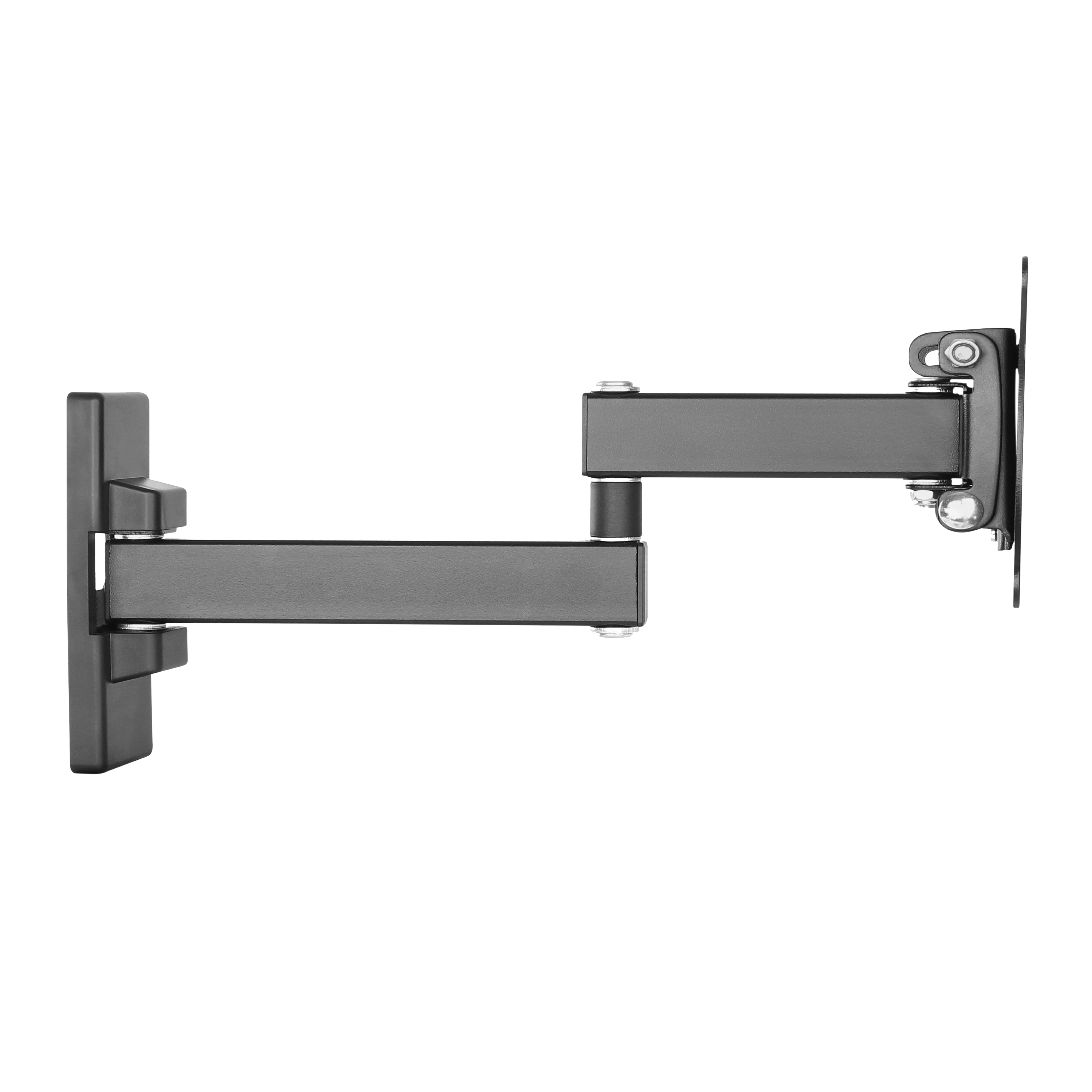 Soporte de pared para TV negro. Muestra los brazos y la base del soporte. Sobre fondo blanco.