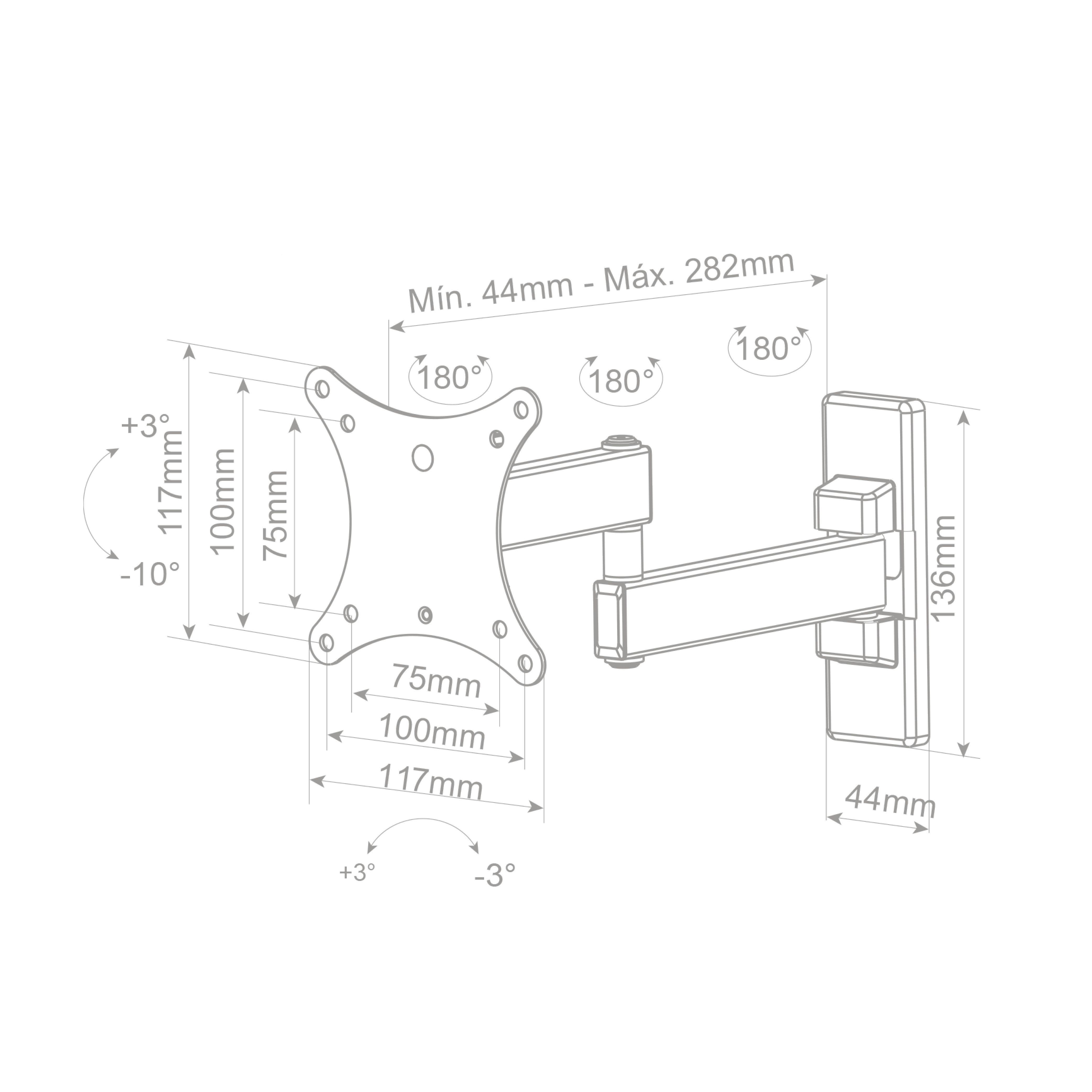 Dibujo técnico de un soporte de pared para TV. Muestra medidas y grados de movimiento. Fondo blanco.
