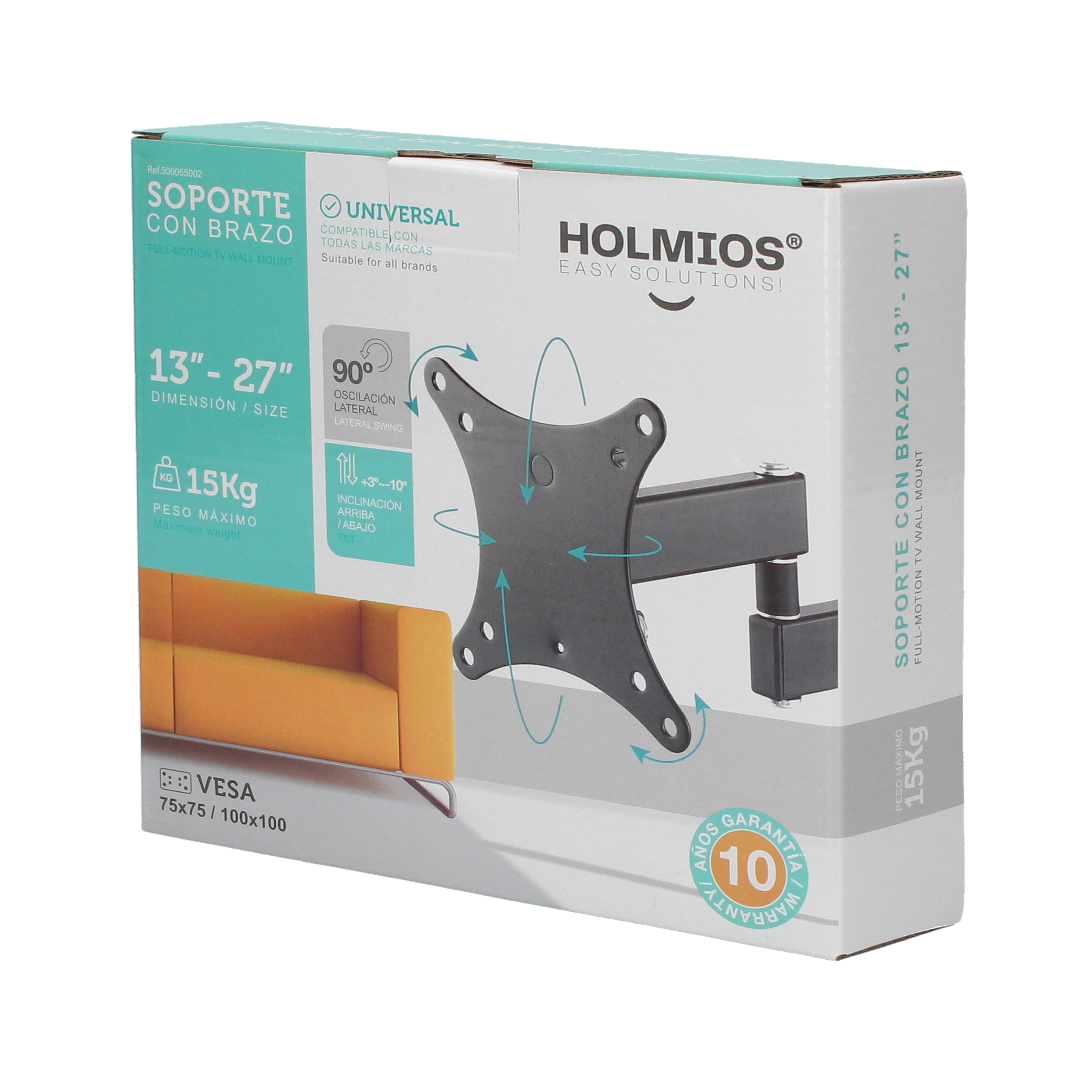 Caja con soporte de TV, compatible con TV de 13-27 pulgadas. Muestra un soporte de pared y un sofá naranja.