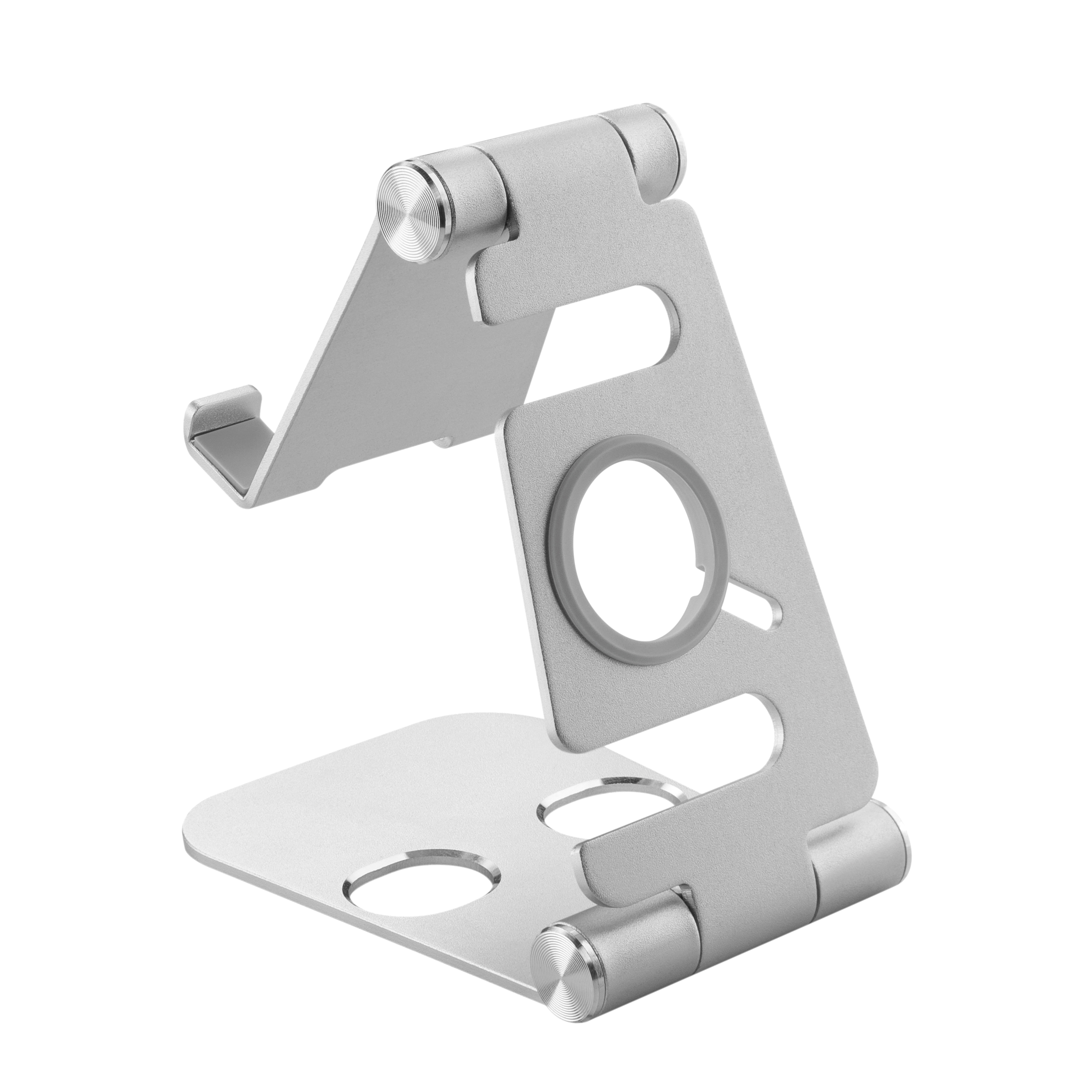 Soporte de teléfono plateado ajustable. Tiene una base y un brazo que sostiene el teléfono. Fondo blanco.