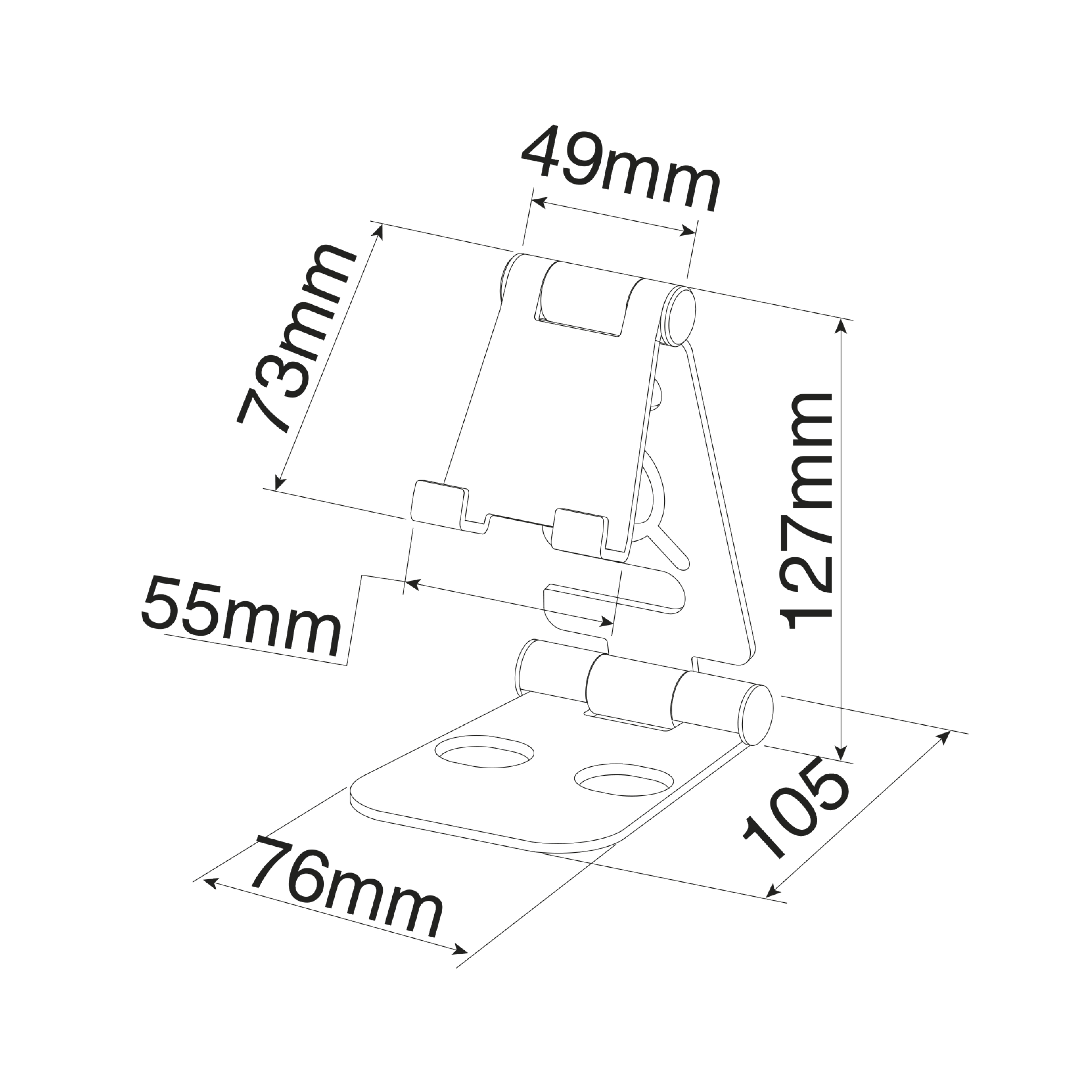 Diagrama de un soporte para teléfono con medidas. El soporte está abierto y tiene dimensiones en mm.