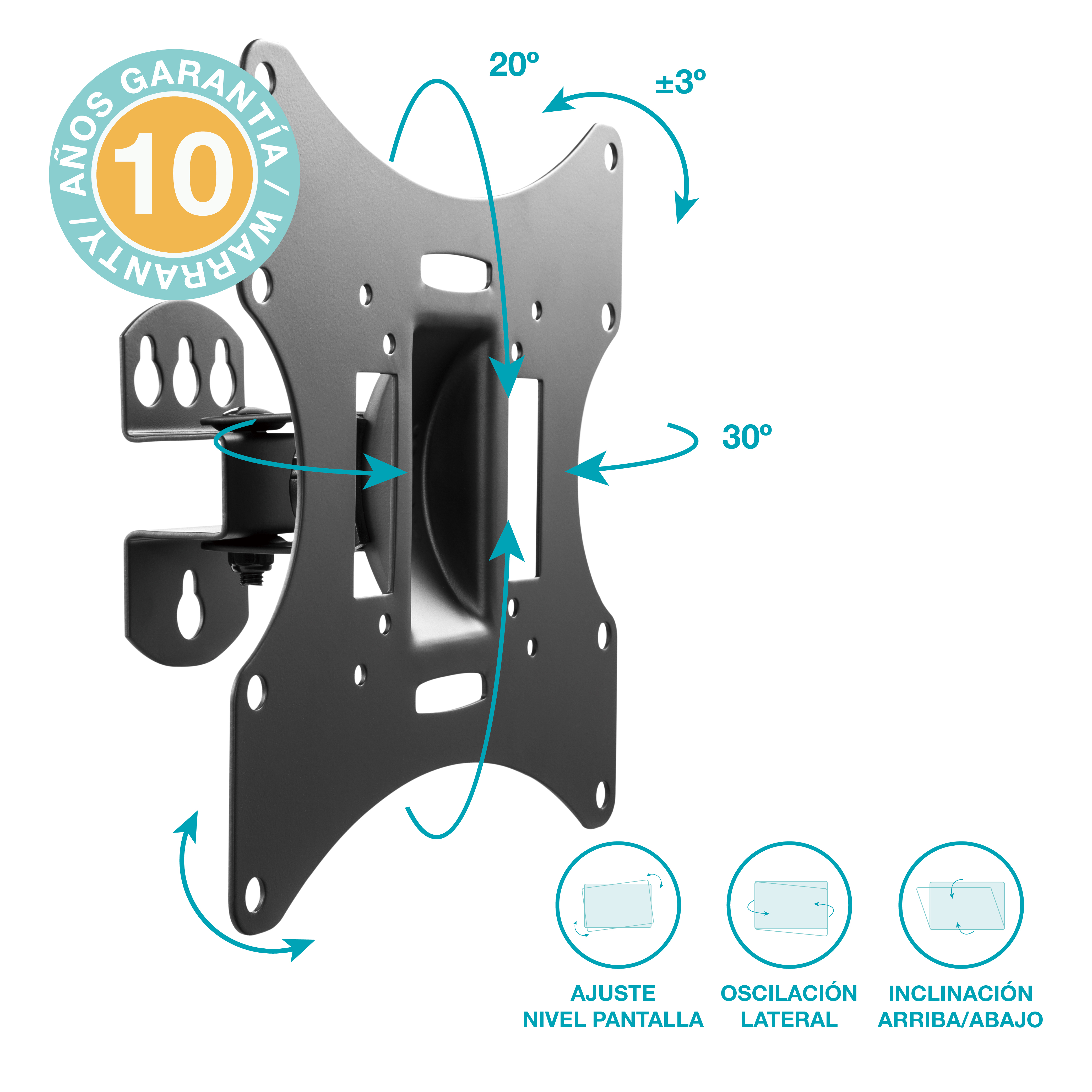 Soporte de pared para TV negro, con varias opciones de ajuste y 10 años de garantía.