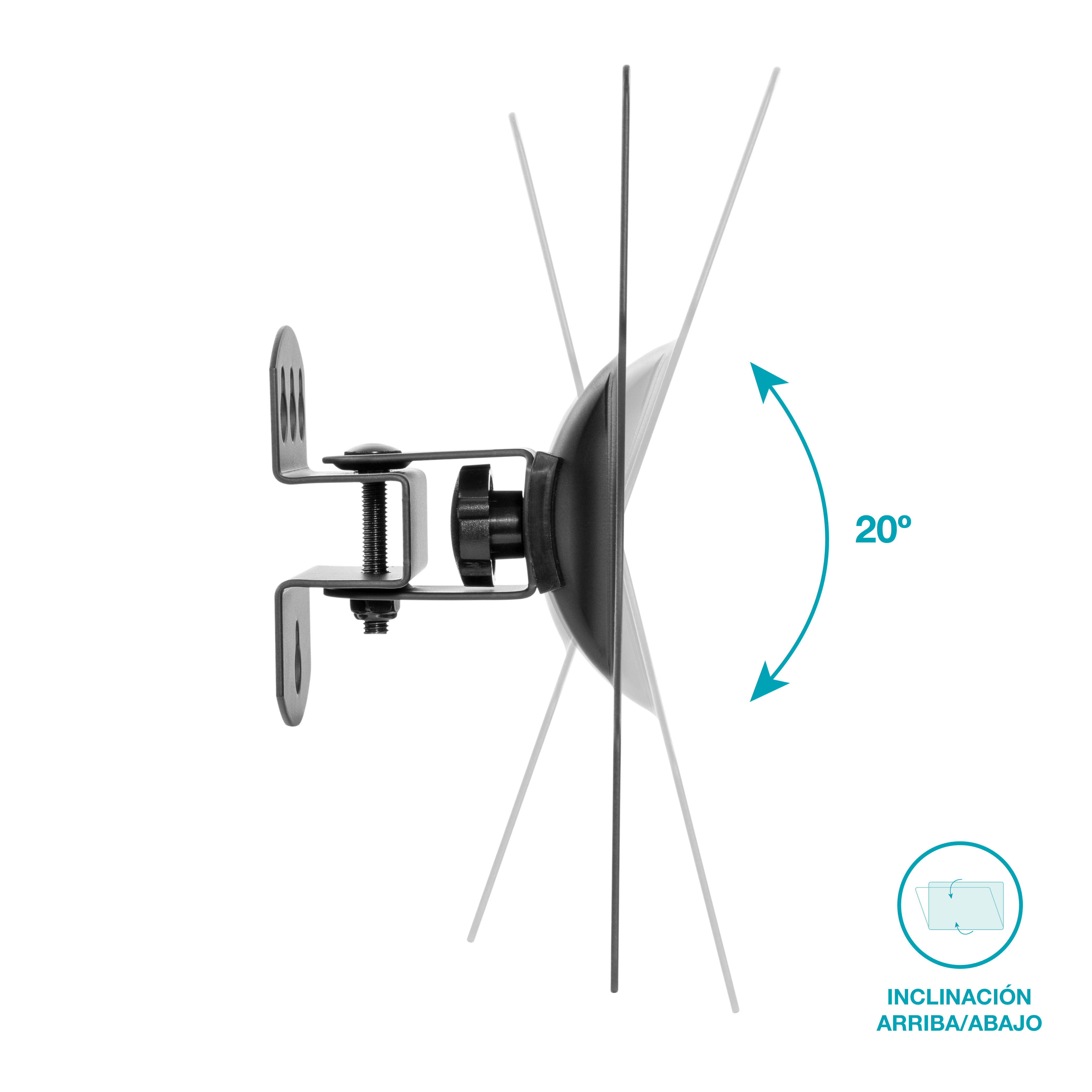 Soporte de monitor con ajuste de inclinación indicado por una flecha de 20 grados, texto: Inclinación arriba/abajo.