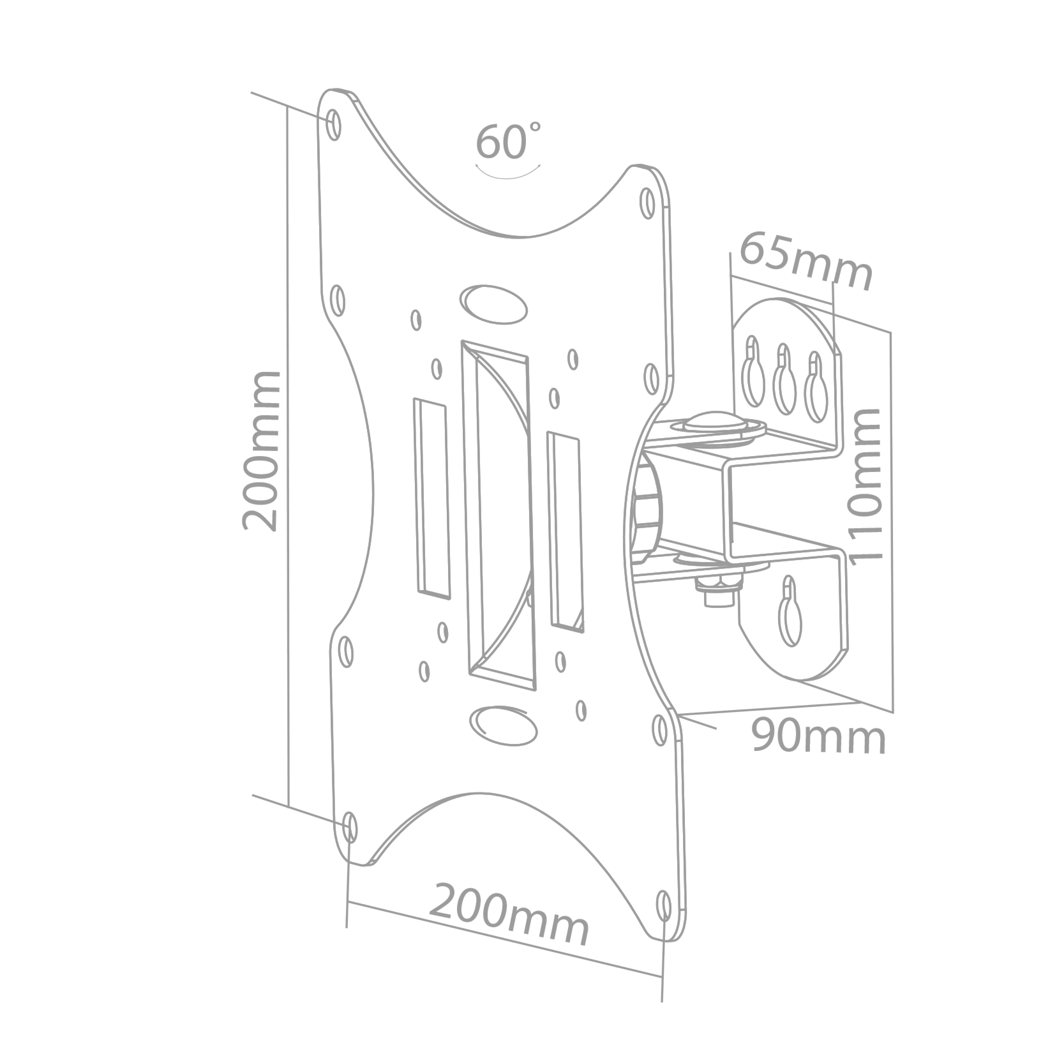 Dibujo isométrico de un soporte de pared para TV. Dimensiones etiquetadas, ángulo 60 grados.