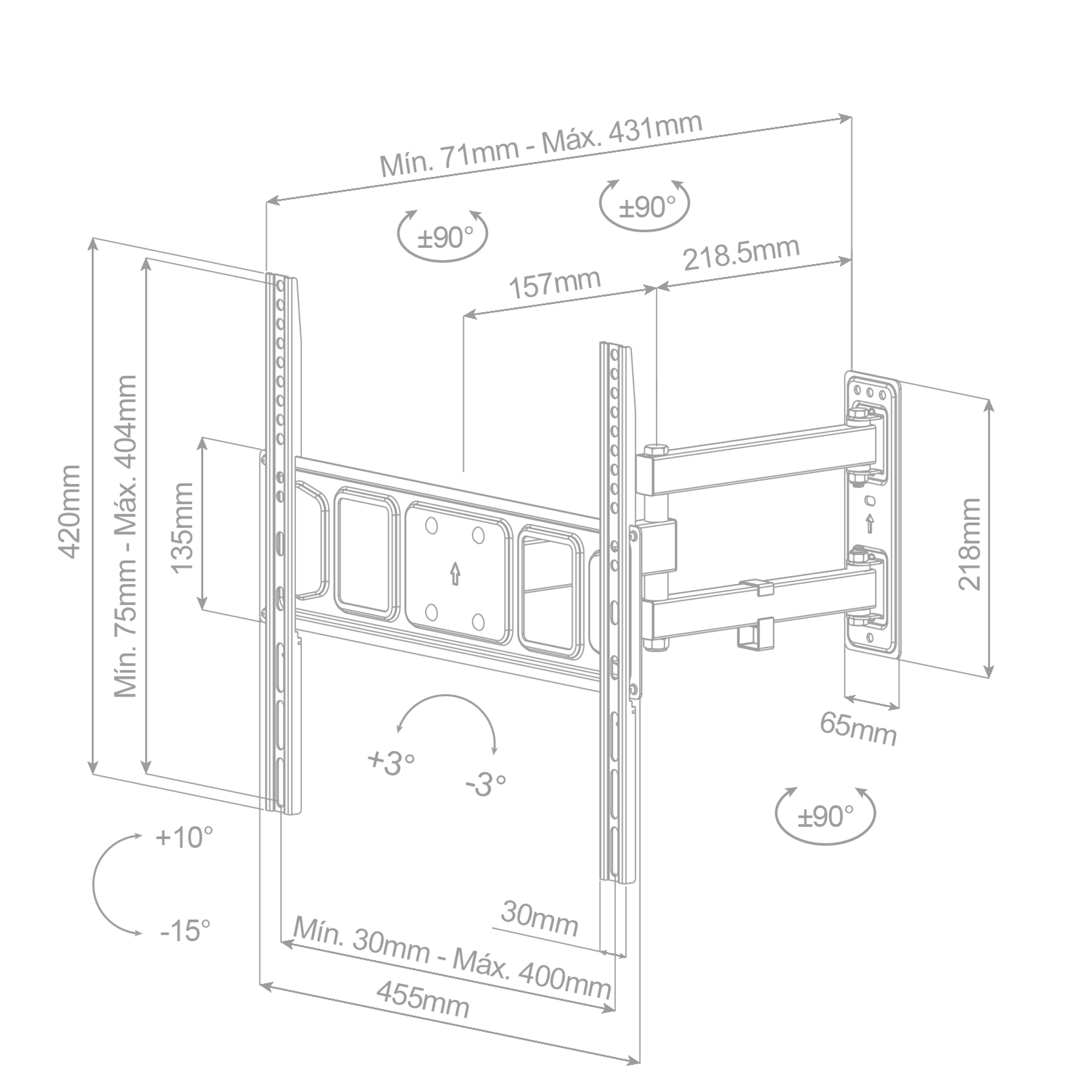 Dibujo técnico de un soporte de pared para TV, con medidas y ángulos. Líneas y dimensiones visibles.