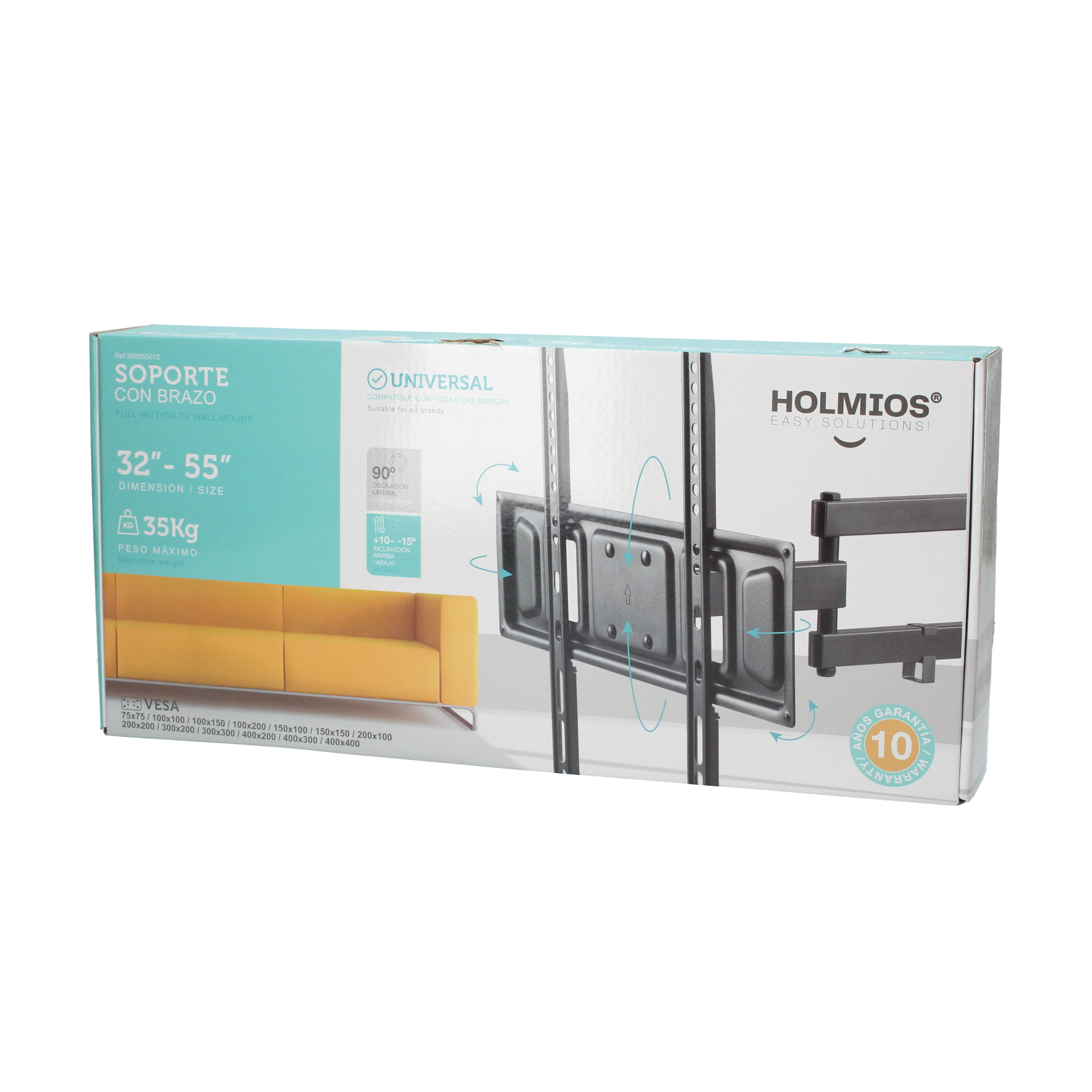Caja de soporte de pared para TV, el producto en la pantalla con sofá a la izquierda.