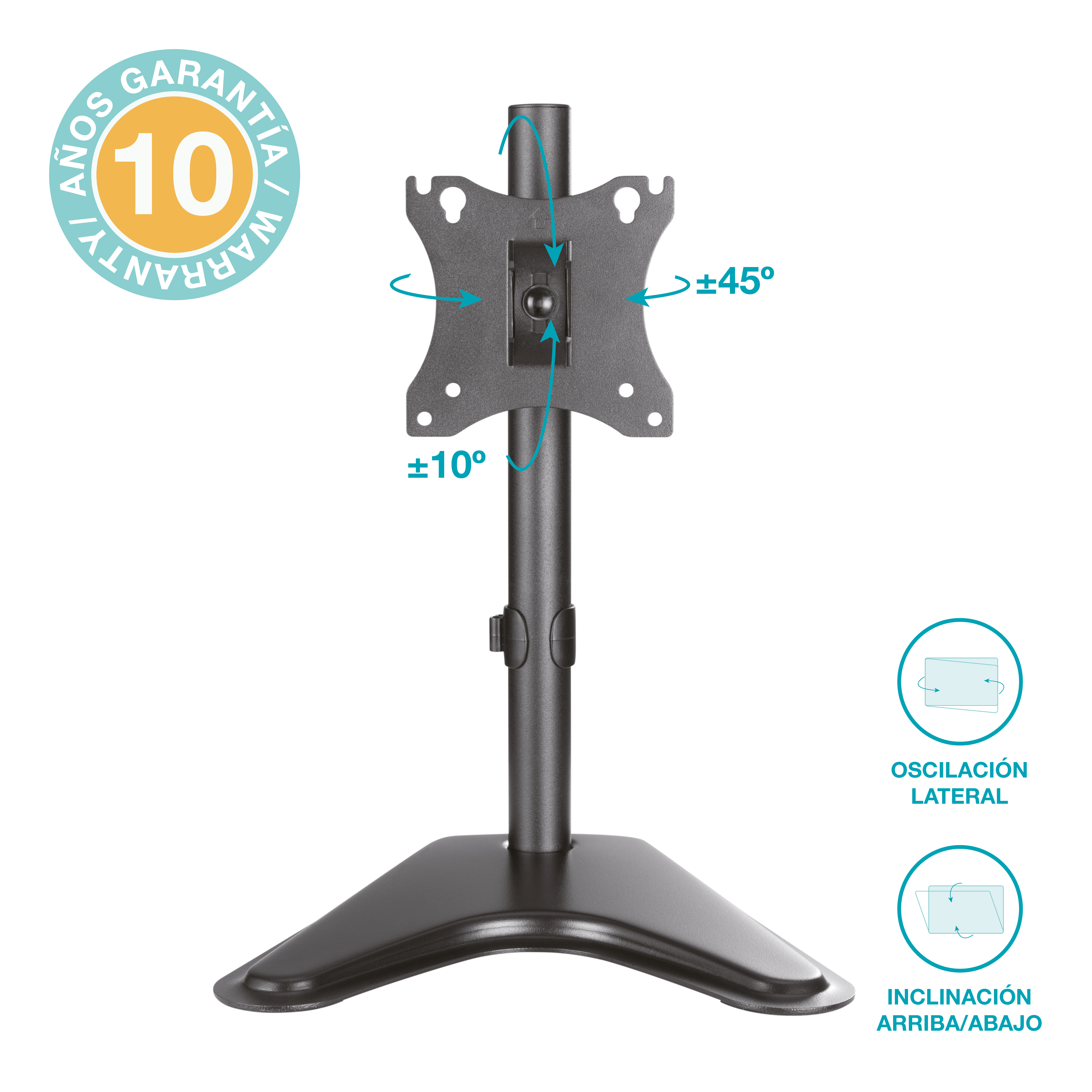 Soporte de monitor con base negra, poste y soporte para pantalla.